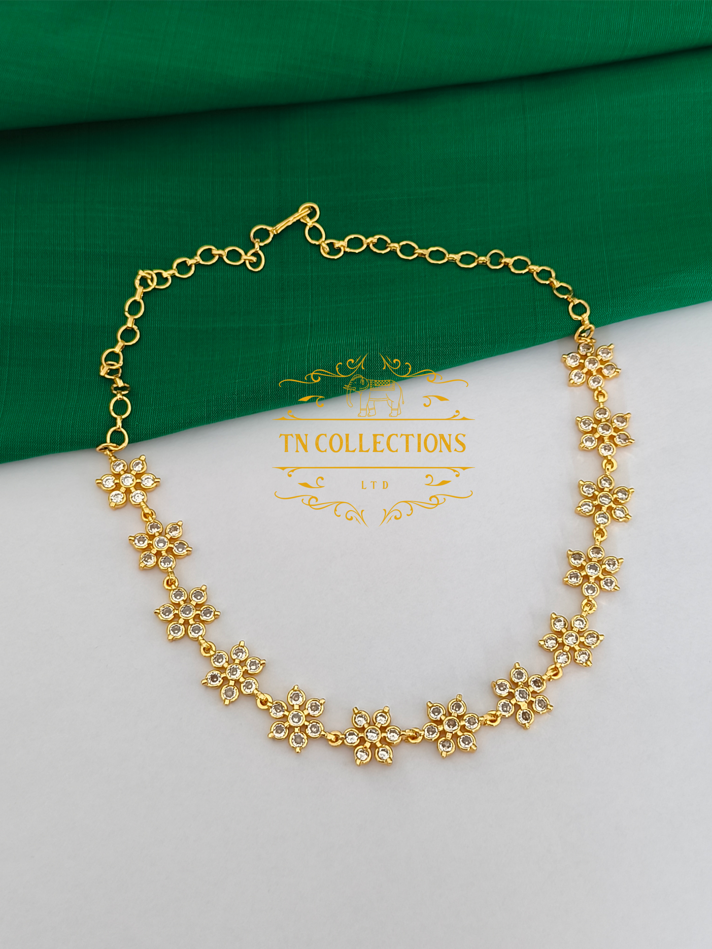 Micro Gold-Plated Floral Choker Necklace (Full White stones)