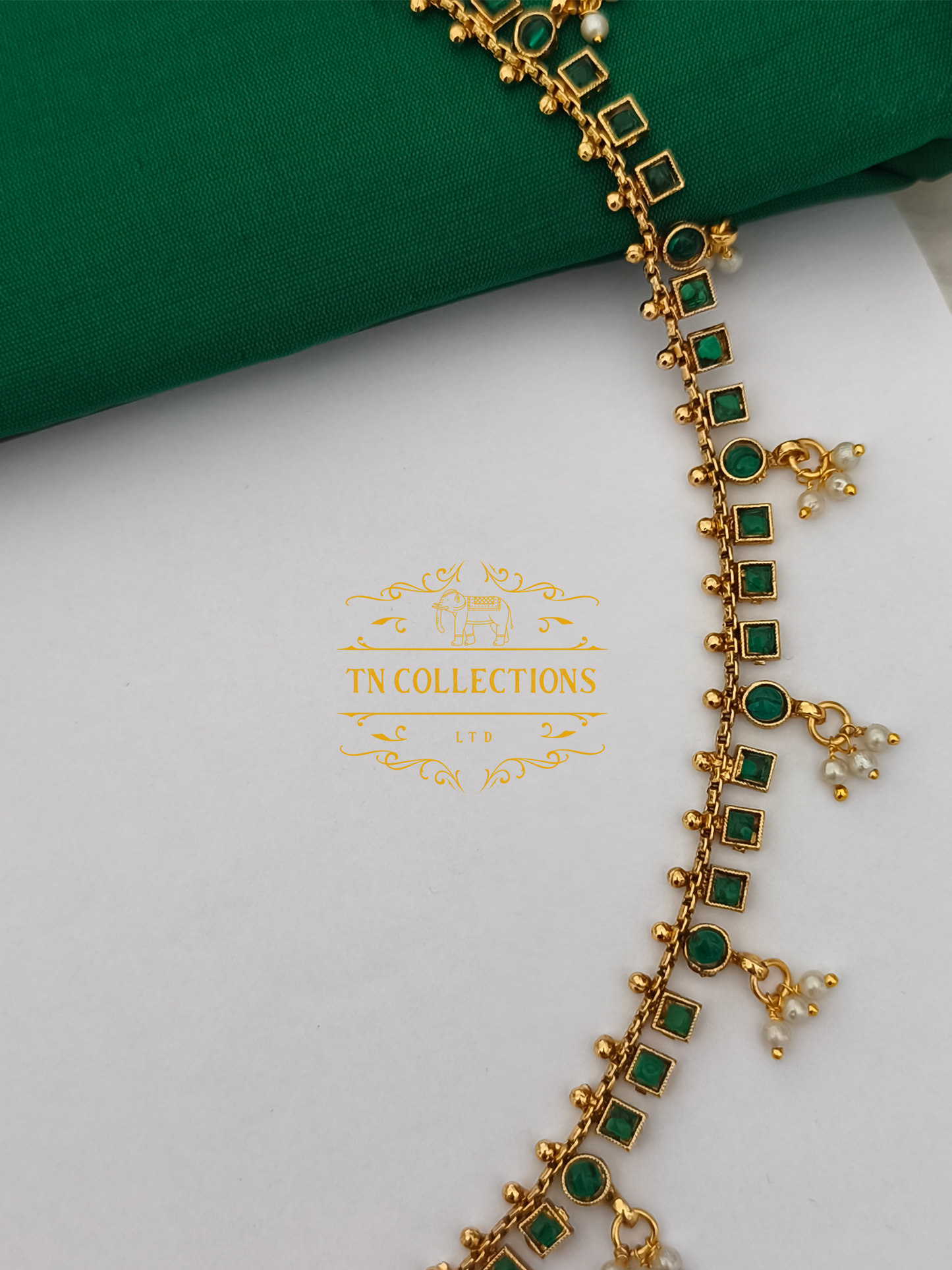 Kemp Stone Brass metal Hip Chain( Green Stones)