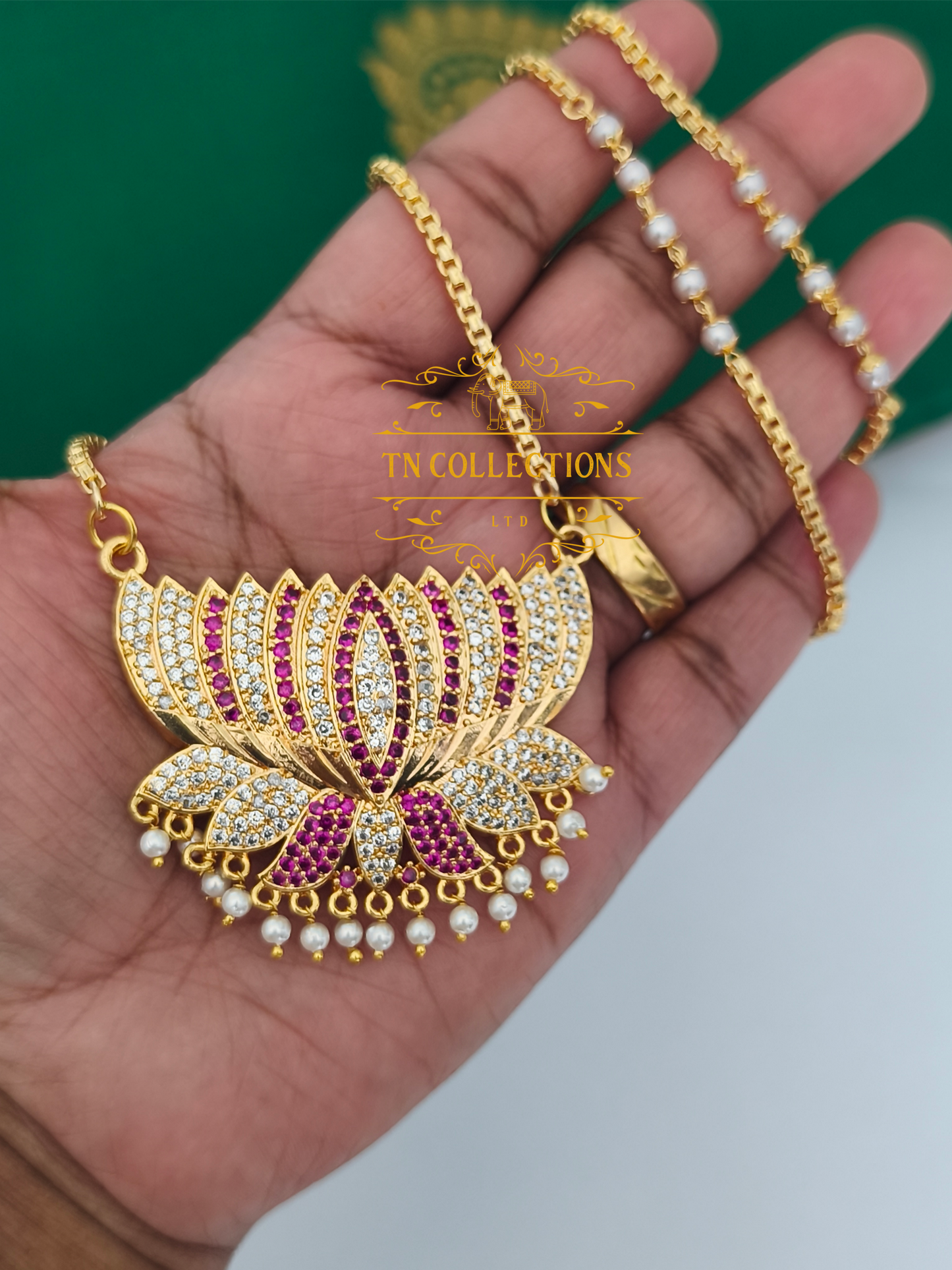 Micro Gold-Plated Traditional lotus pathakkam with pearl chain