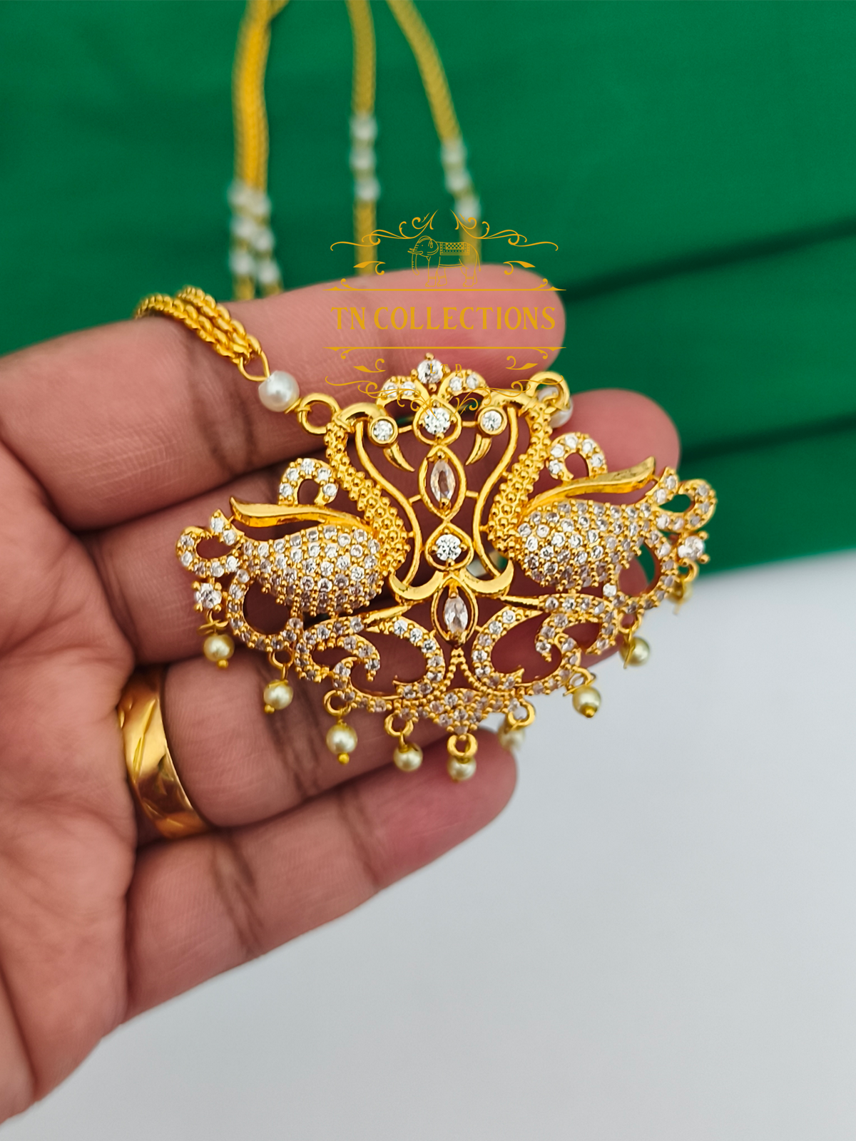 Micro Gold-Plated Traditional Pathakkam with double layer pearl chain (Full white stones)