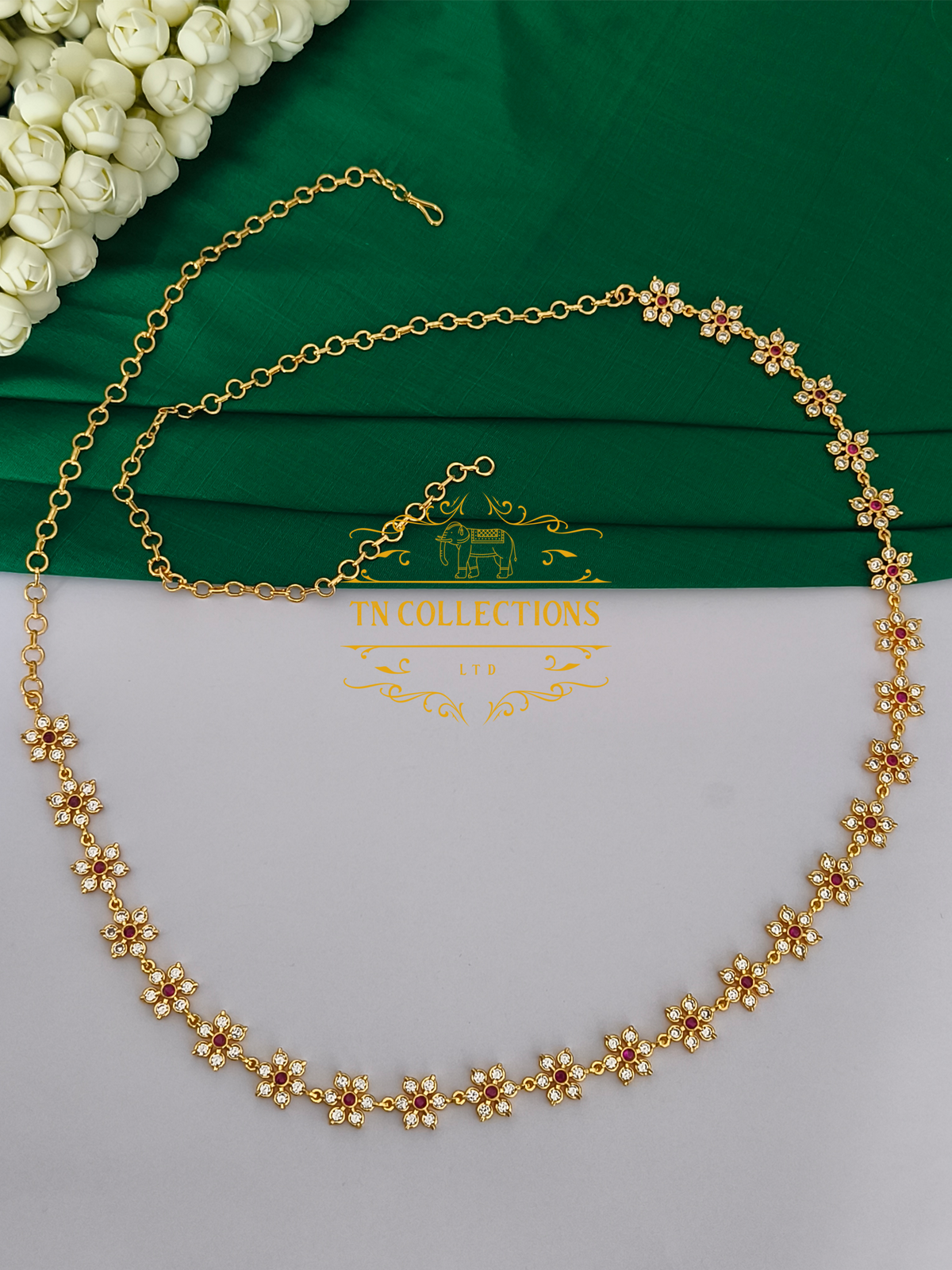 Micro Gold Finish CZ Floral Hip Chain (Ruby and white stones)