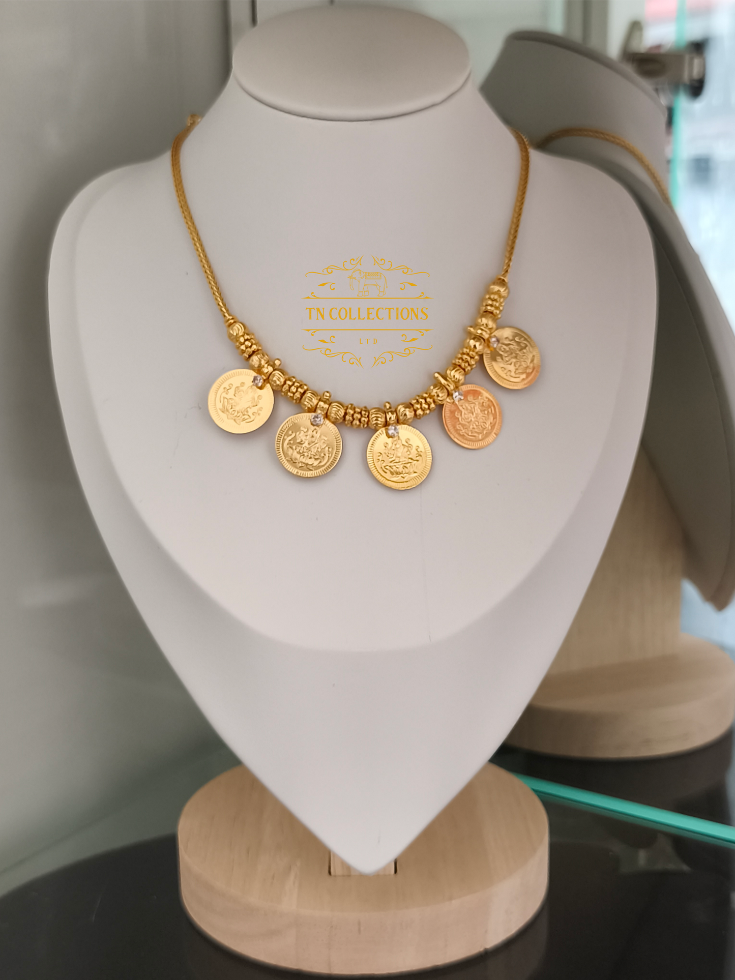 Micro Gold Finish Coin Necklace (white stones)