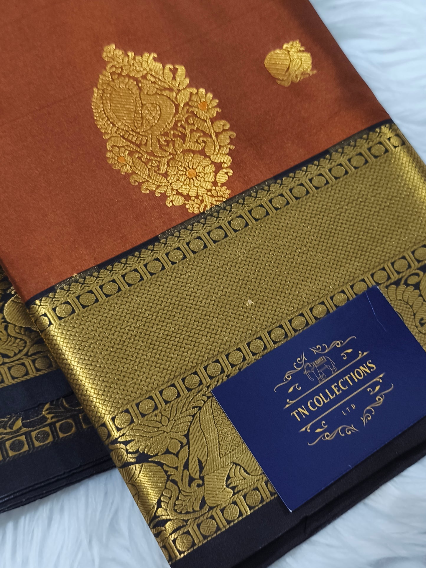 Trendy Vintage Rusty Orange with Dark Brown Kanchi Semi silk saree