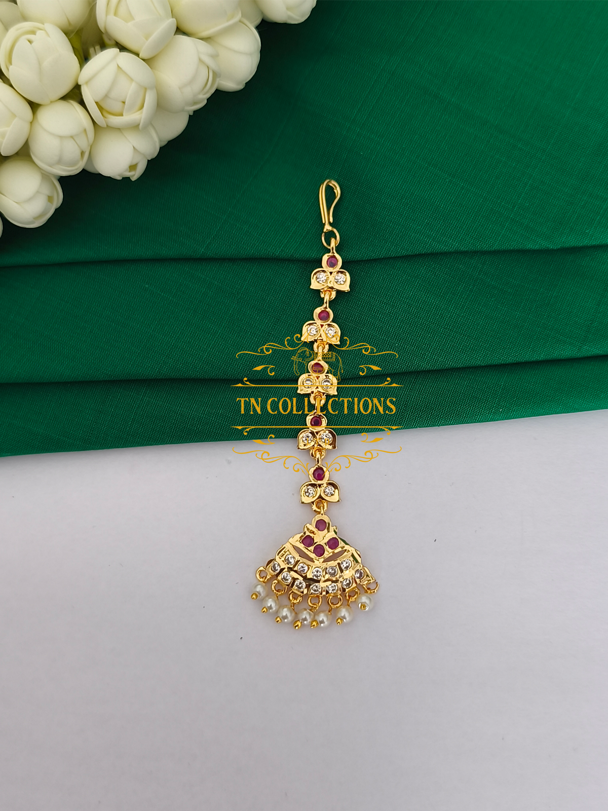 Micro Gold Finish impon cz Tikka (Ruby & White stones)