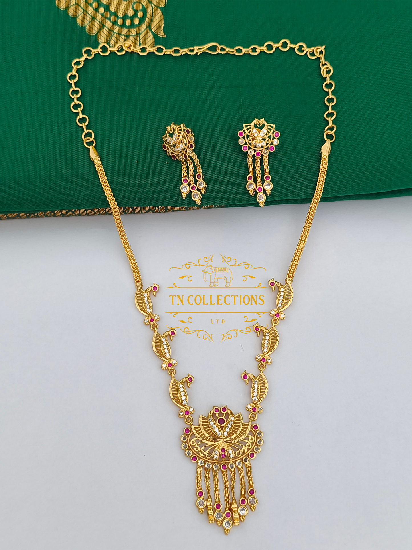 Micro Gold-Plated Traditional Peacock Design Necklace Set (Ruby & White stones)