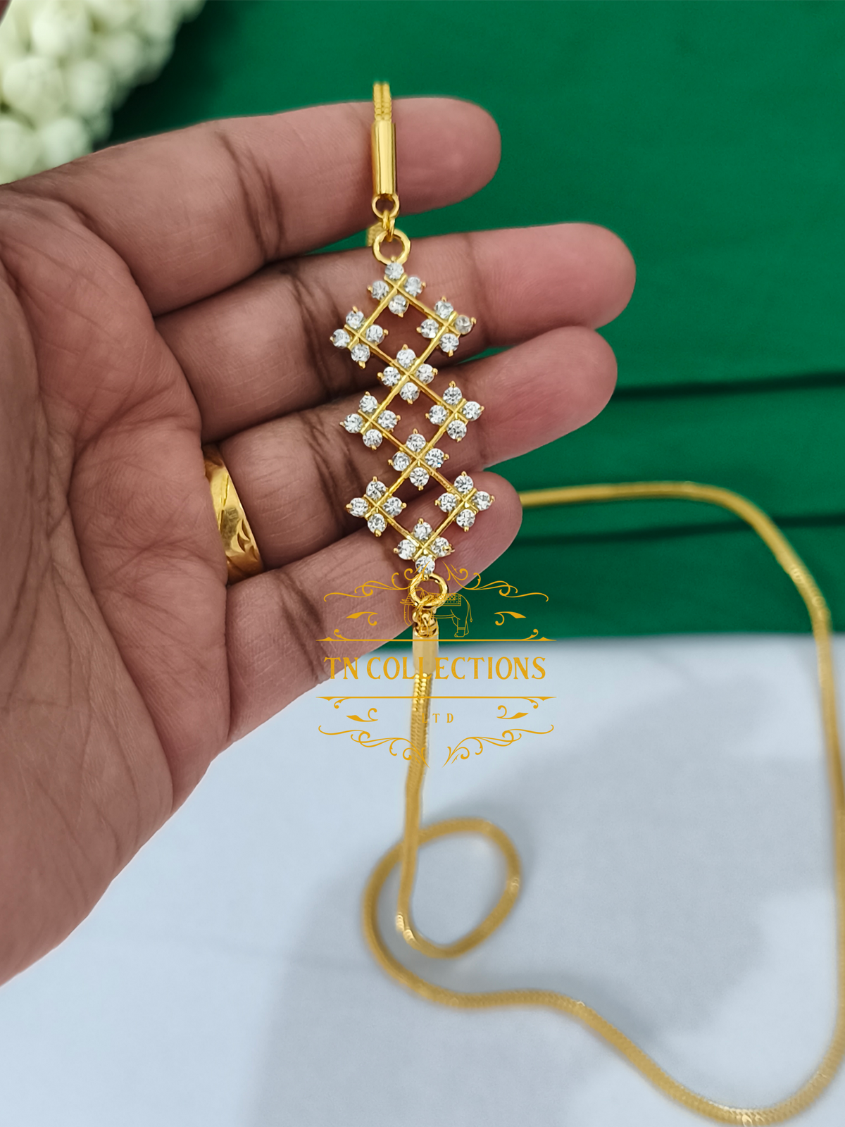 Gold Polish Cz AD stone Mugappu Chain