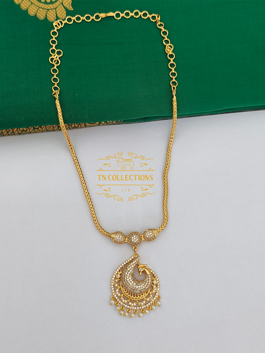 Micro Gold-Plated Traditional Peacock Attiyal (Full white stones)