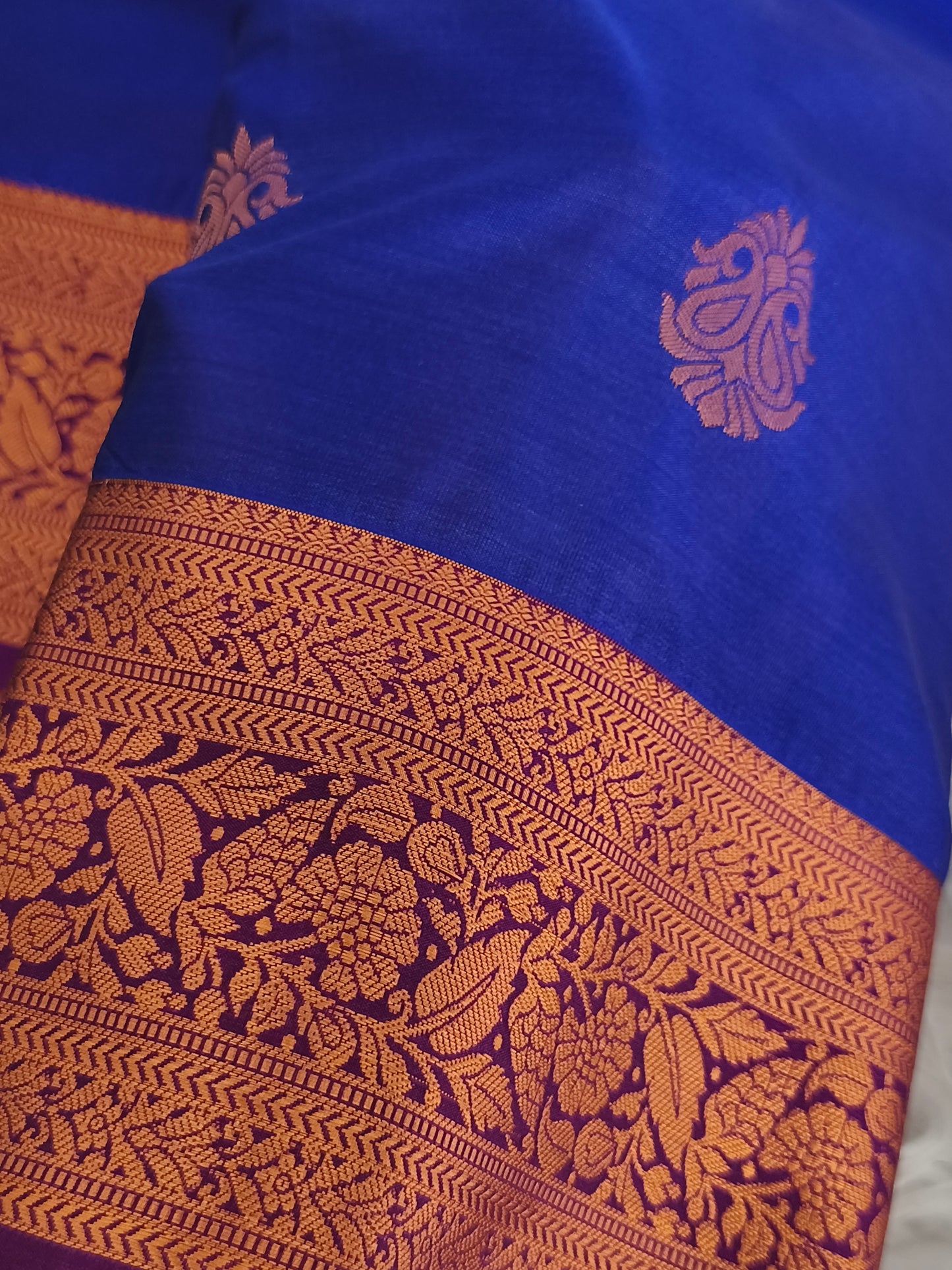 Blue Premium Kanchi Semi Silk saree with contrast blouse