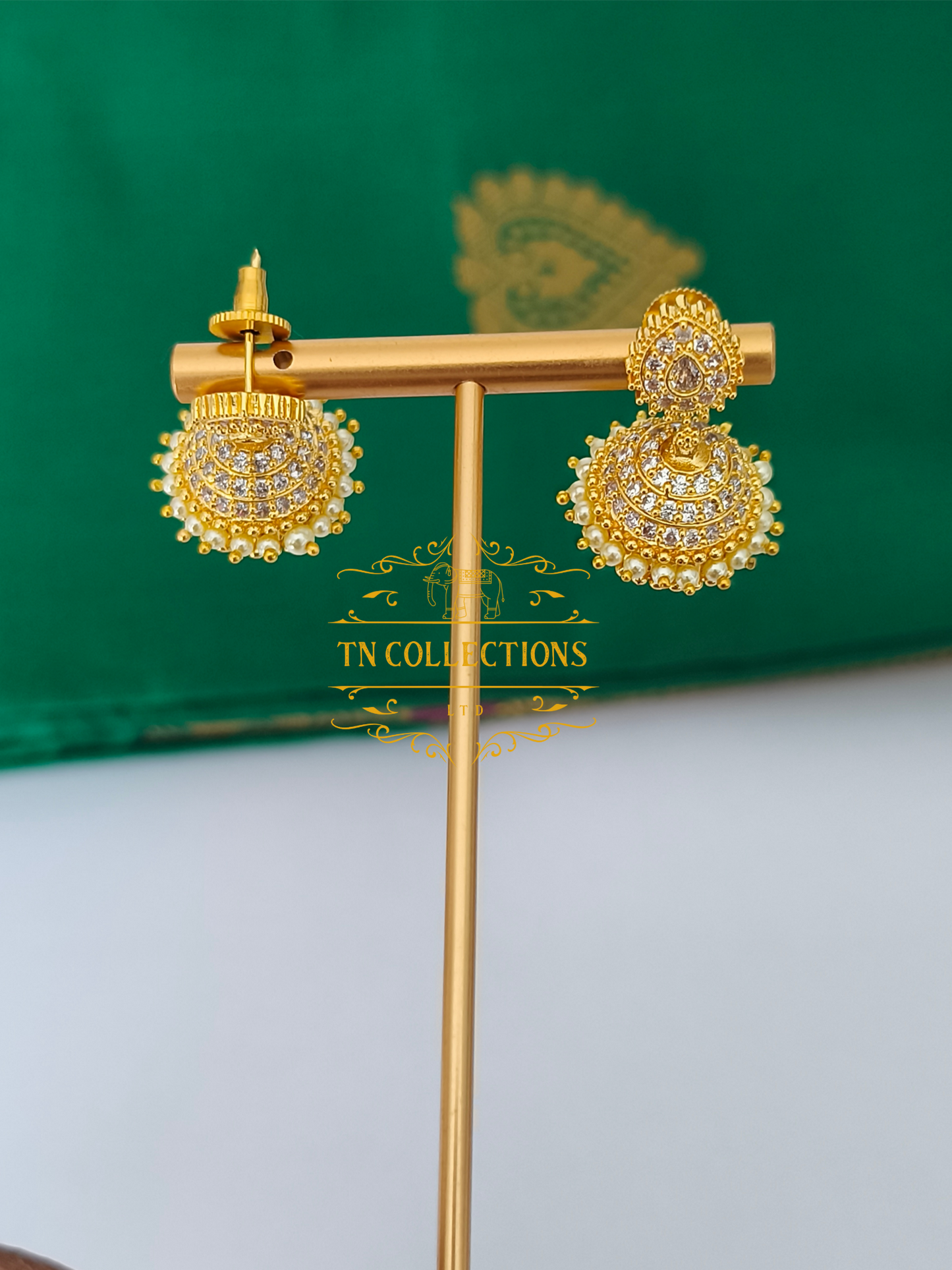 Micro Gold plated Jhumkas (Full White stones)