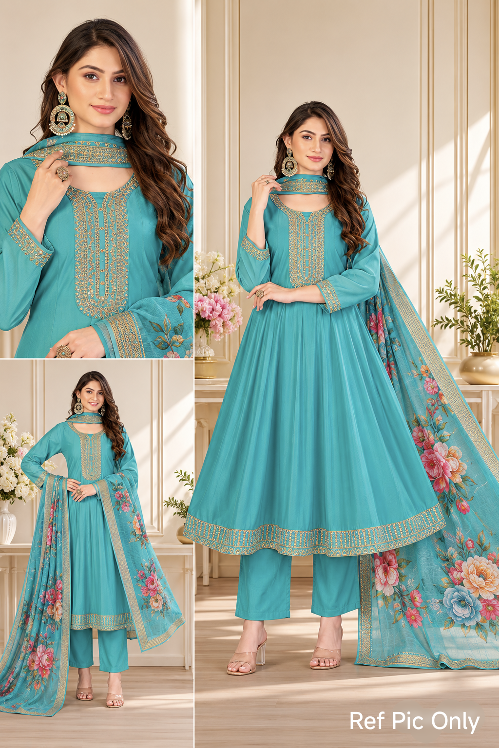 Readymade 3pcs Anarkali Type Shalwar (Teal Colour)- Size M,L