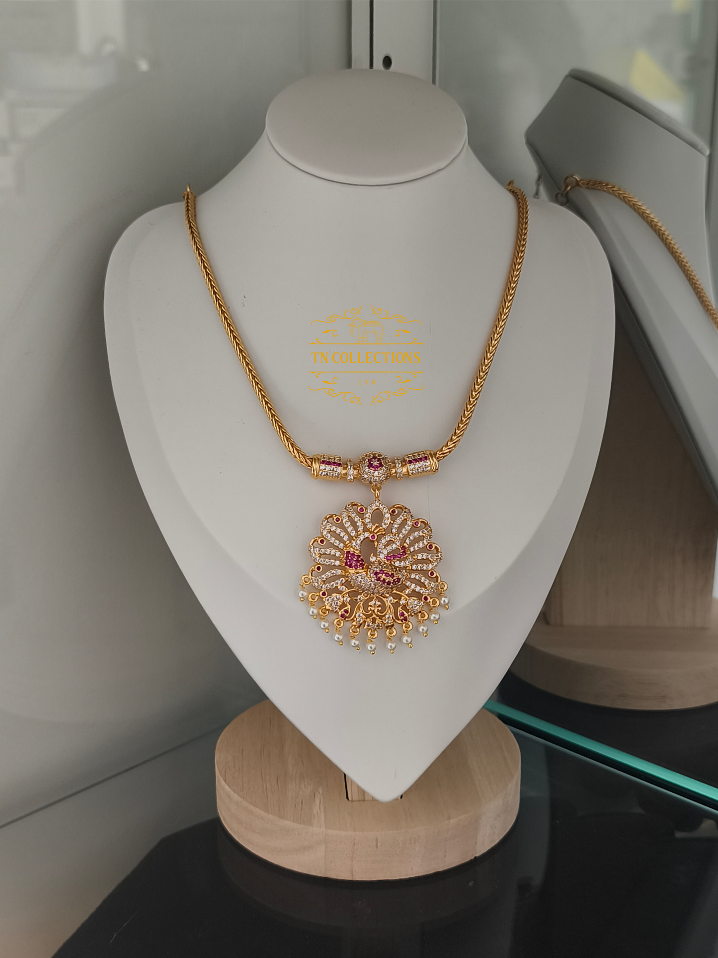 Micro Gold-Plated Peacock Attiyal (Ruby & White stones)