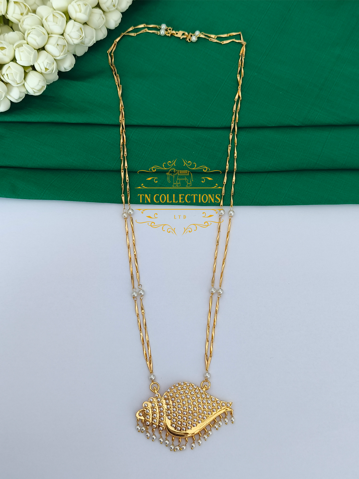 Micro Gold-Plated Traditional Shell pearl Sangu Design Pathakkam with Double layer Pearl chain