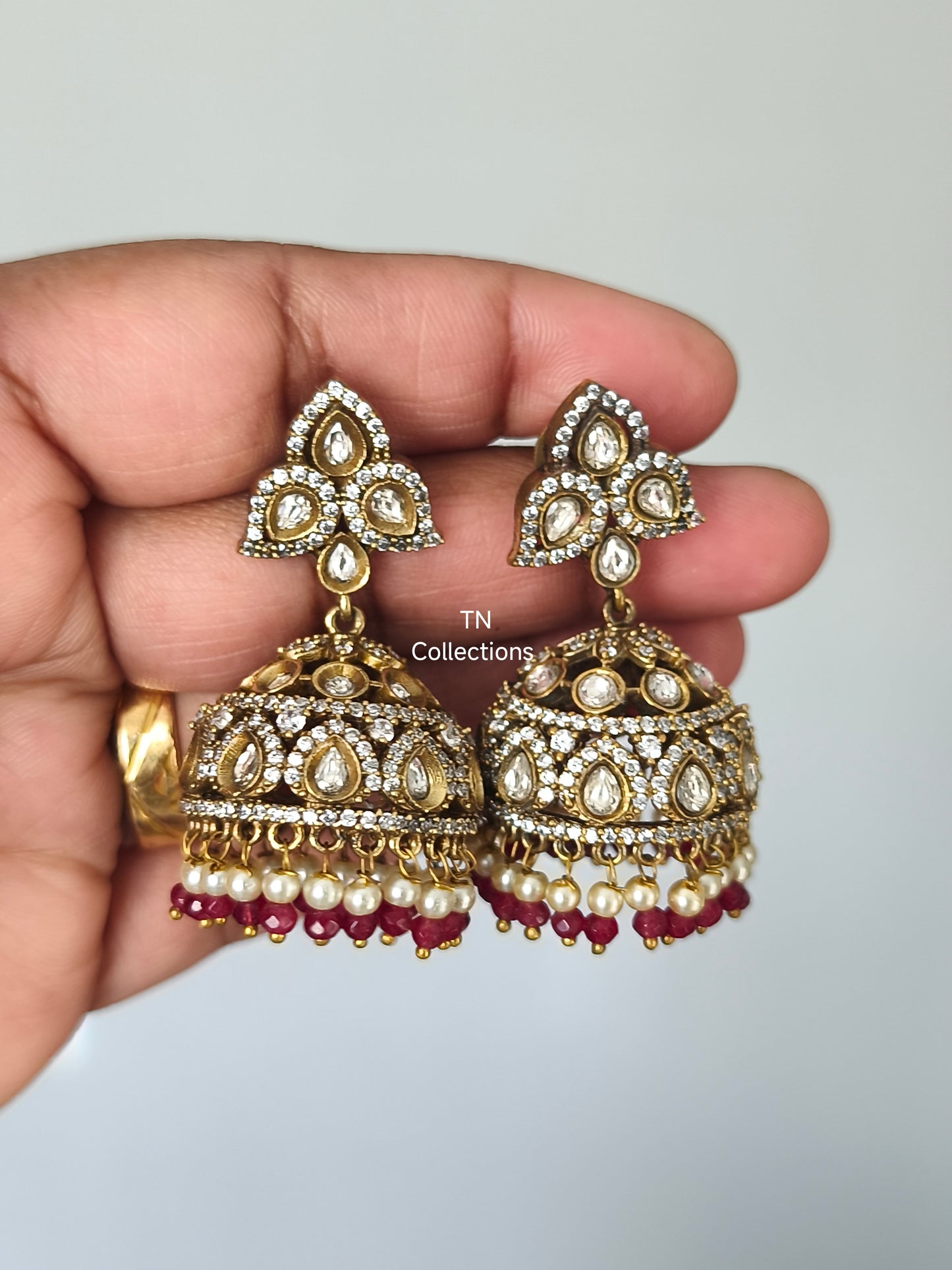 Victorian style AD Earrings Jumkha with Pearls