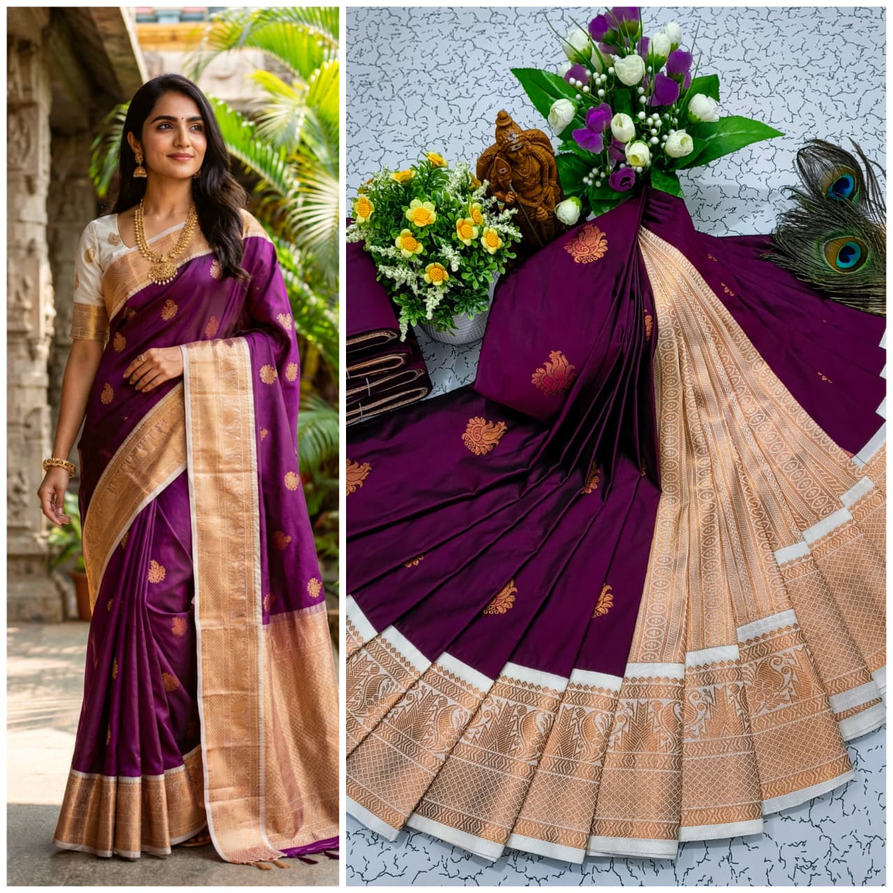 Korvai Premium Soft Silk Saree (Wine Purple)