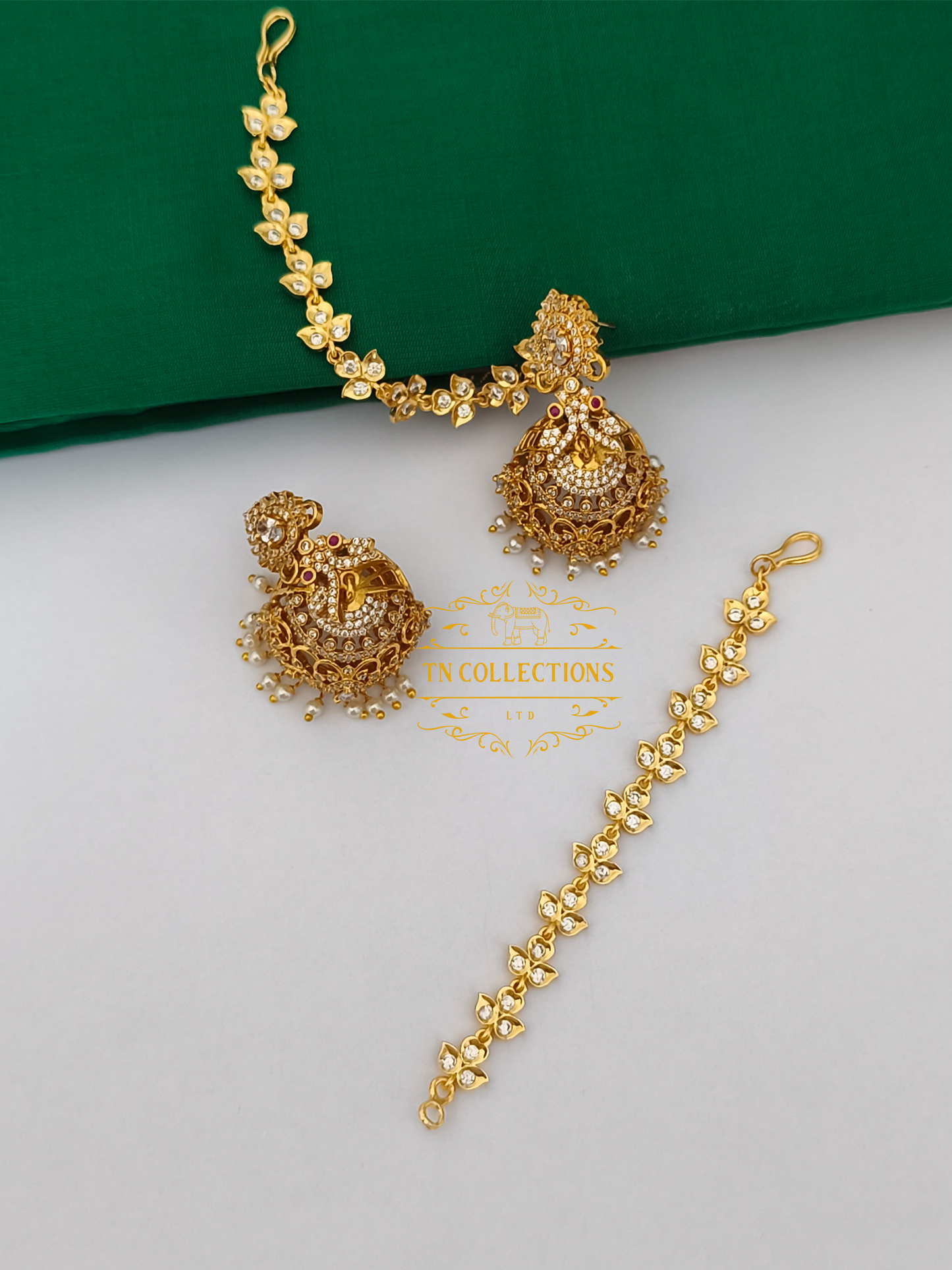Micro Gold Finish Jumka with Maatal (Full White stones)