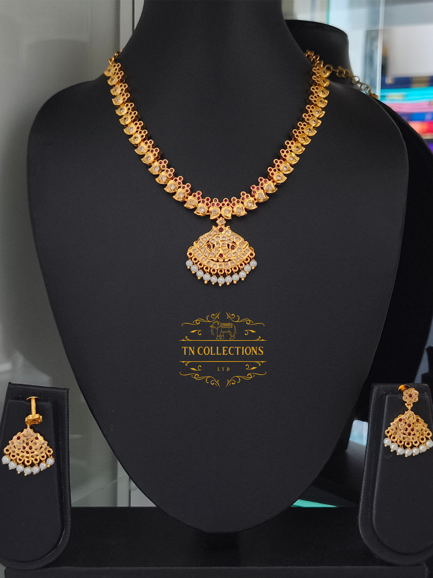 Micro Gold Plated Traditional Attiyal with earrings (Ruby & White stones)