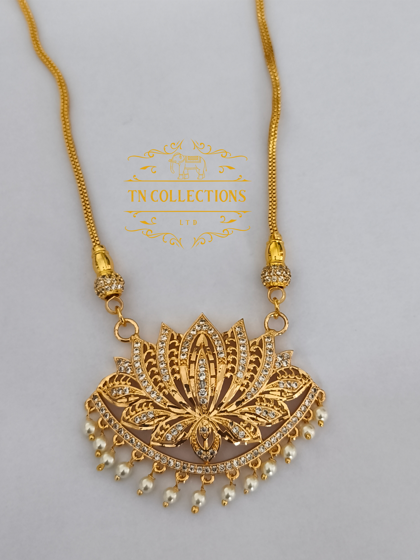 Micro Gold-Plated Lotus Pathakkam with Chain (Full white stones)