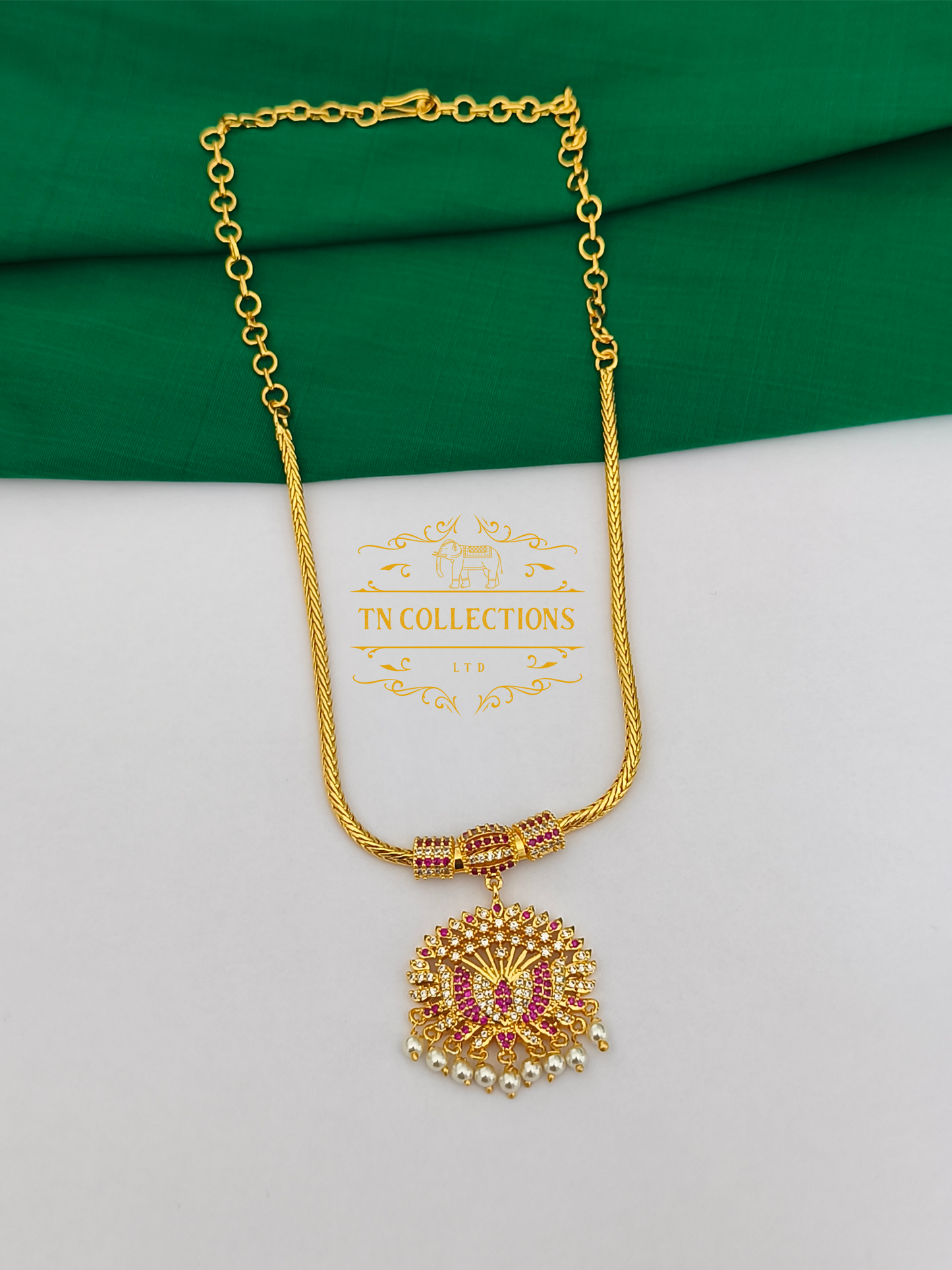 Micro Gold-Plated Traditional Necklace (Ruby & White stones)