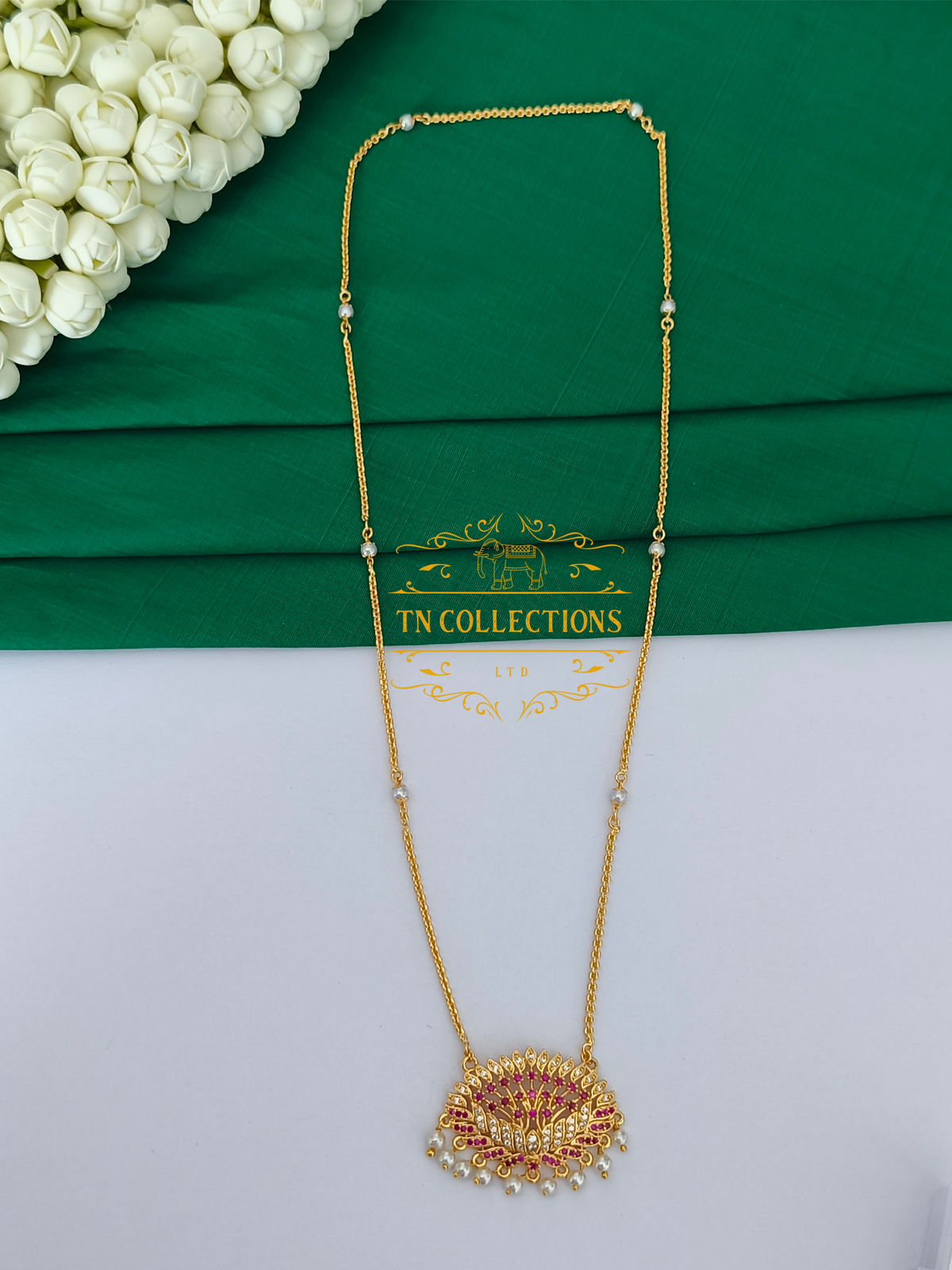Micro Gold-Plated Floral design Pendant with Pearl chain (Ruby and white stones)