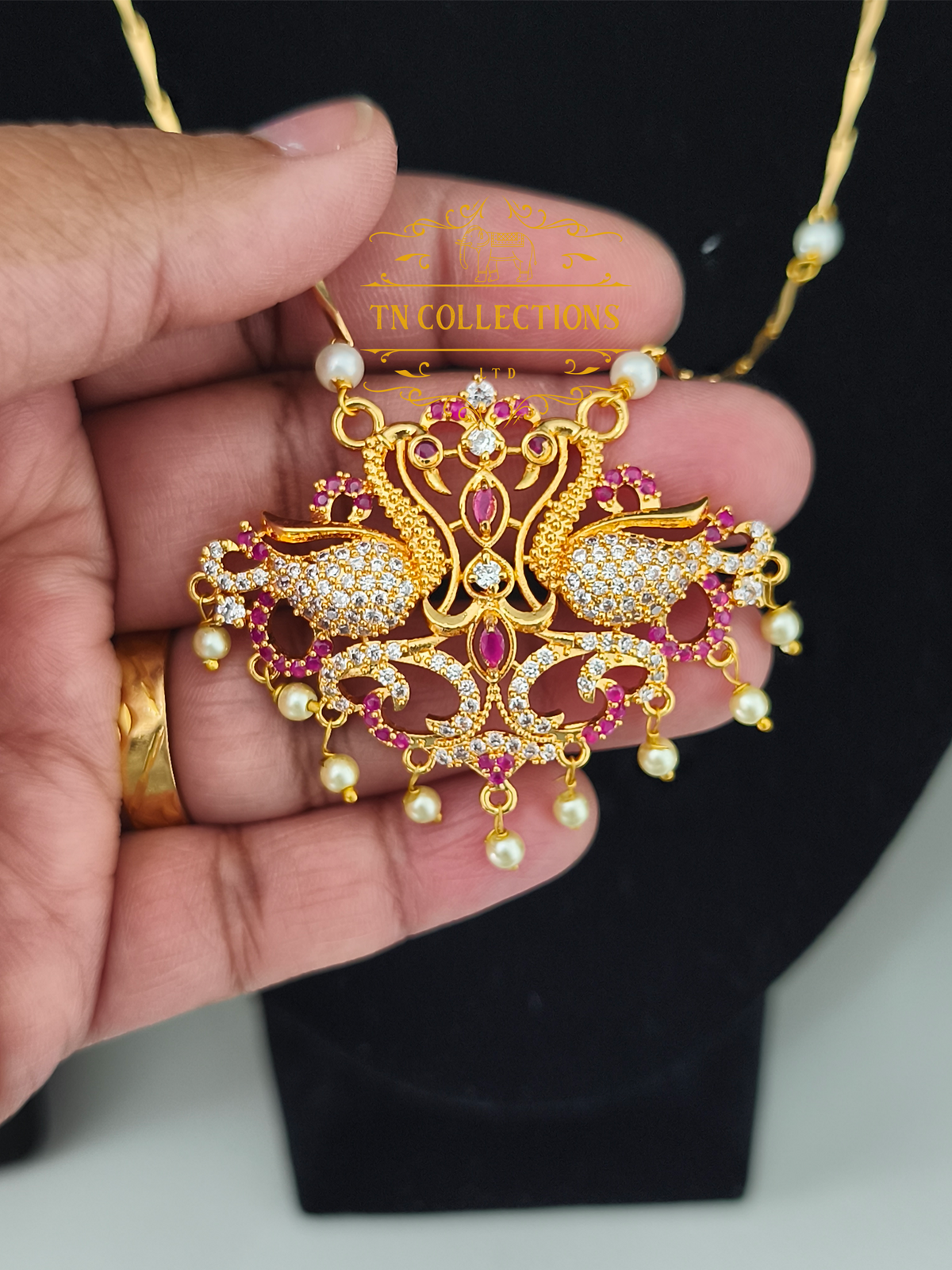 Micro Gold Finish cz stone Pearl Chain with Pendant Set