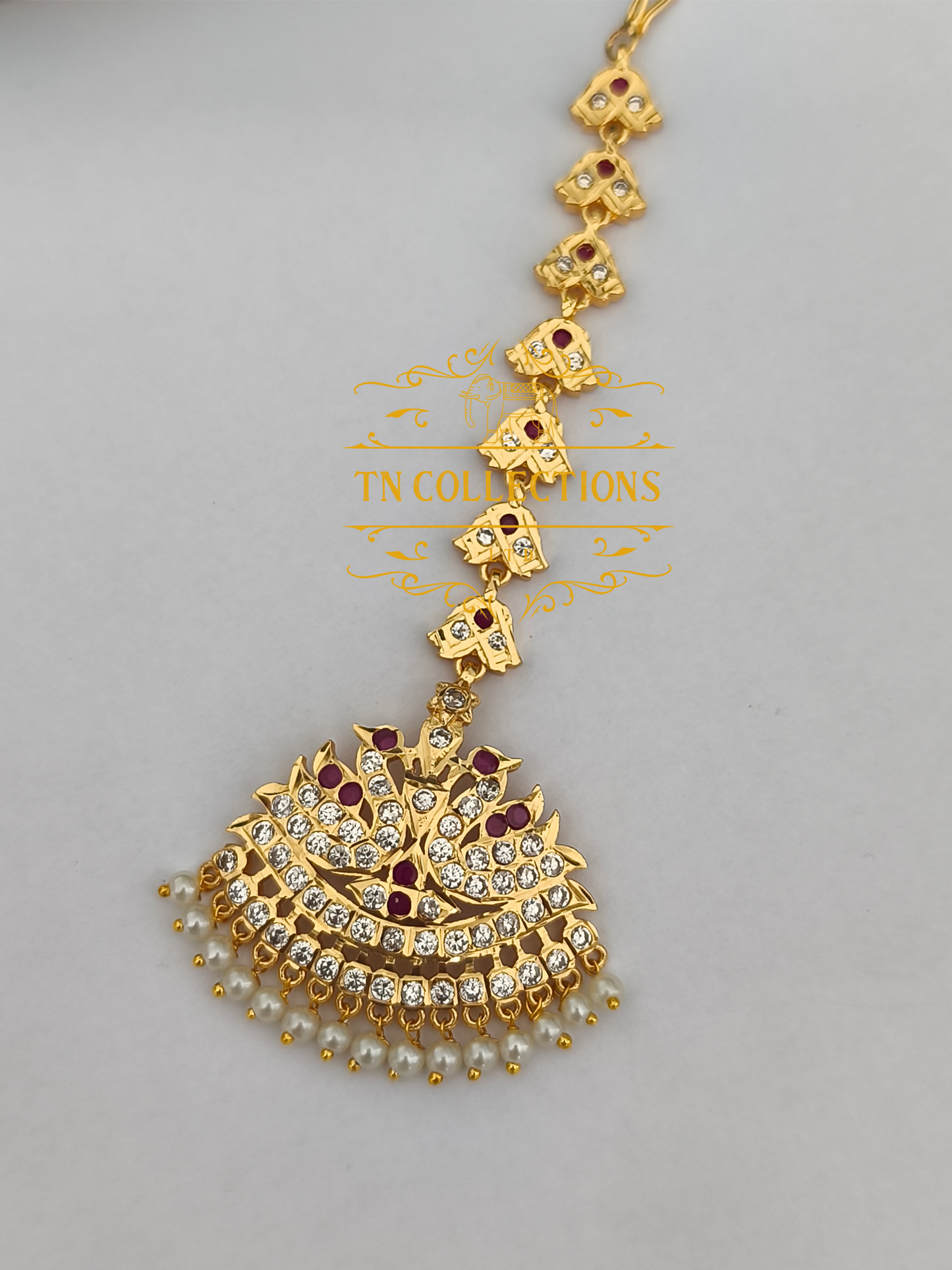 Micro gold plated Nethichuddi Tikka (Ruby & White stones)