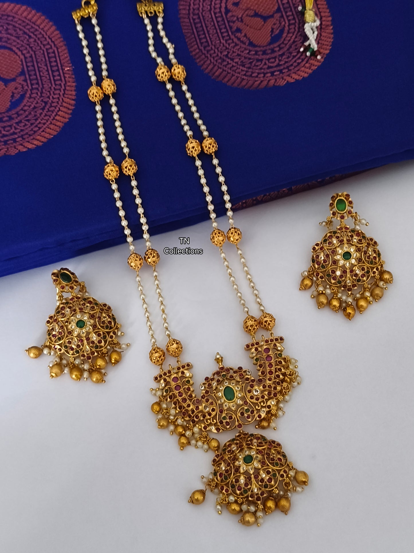 Matte Finish Real kemp stone Pearl Haaram Set