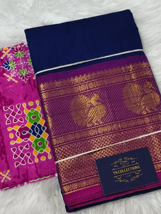 Blue Pure Chettinad cotton saree with Kalamkarai blouse