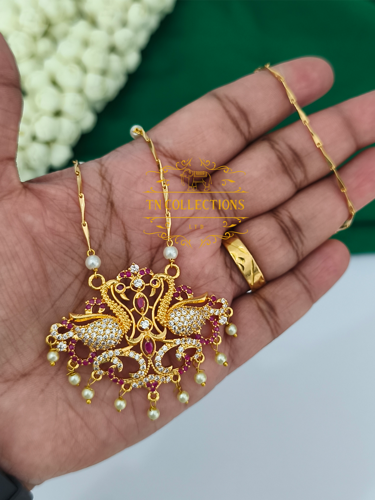 Micro Gold Finish cz stone Pearl Chain with Pendant Set