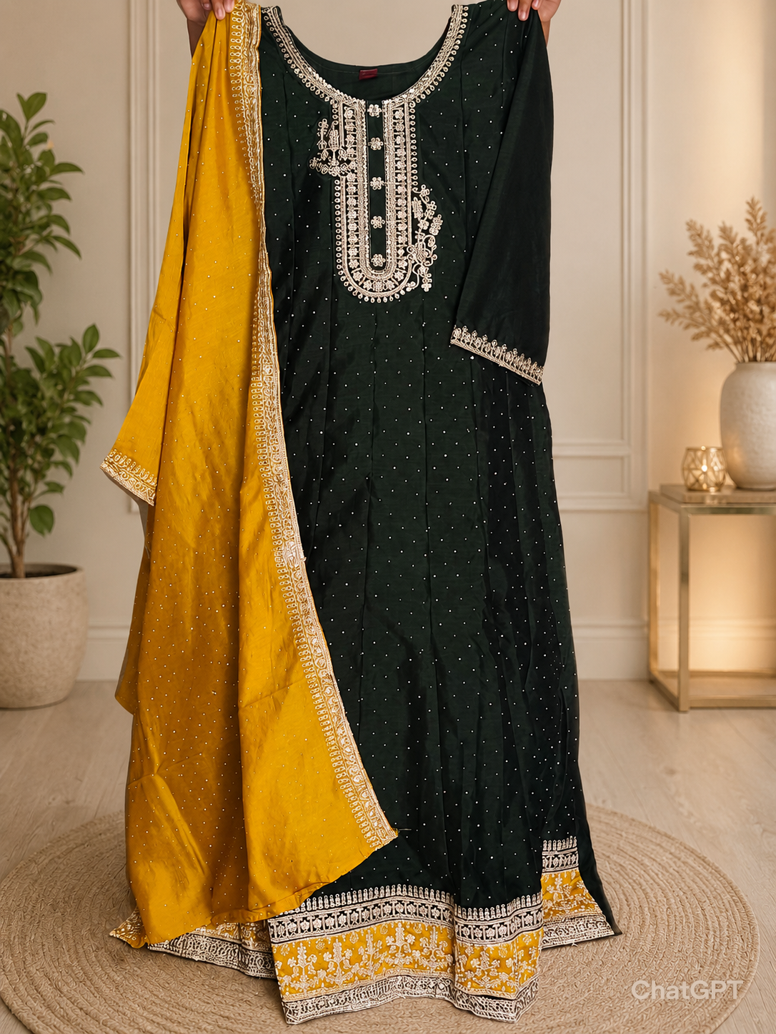 Grand Partywear 3pcs Anarkali Suit ( Dark Green)- Size L,XL