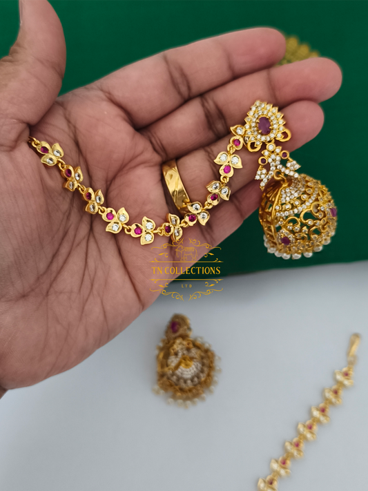 Micro Gold Finish Jumka with Maatal (Ruby & white stones)