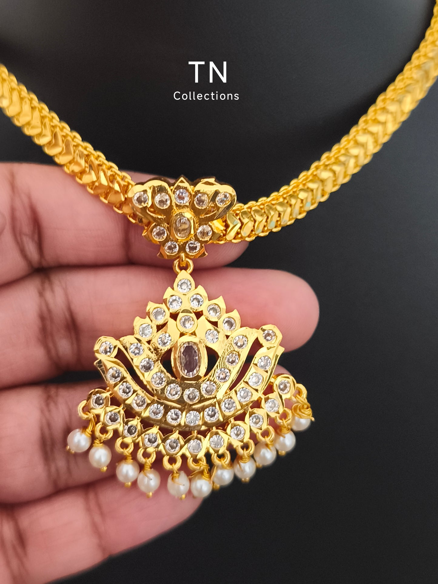 Micro gold plated Traditional Necklace/Attiyal (Full white stones)