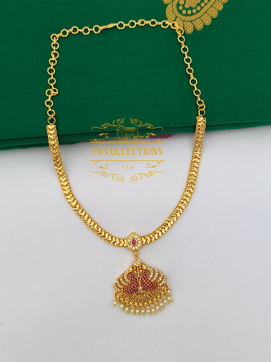 Micro Gold-Plated Peacock Attiyal (Ruby and white stones)