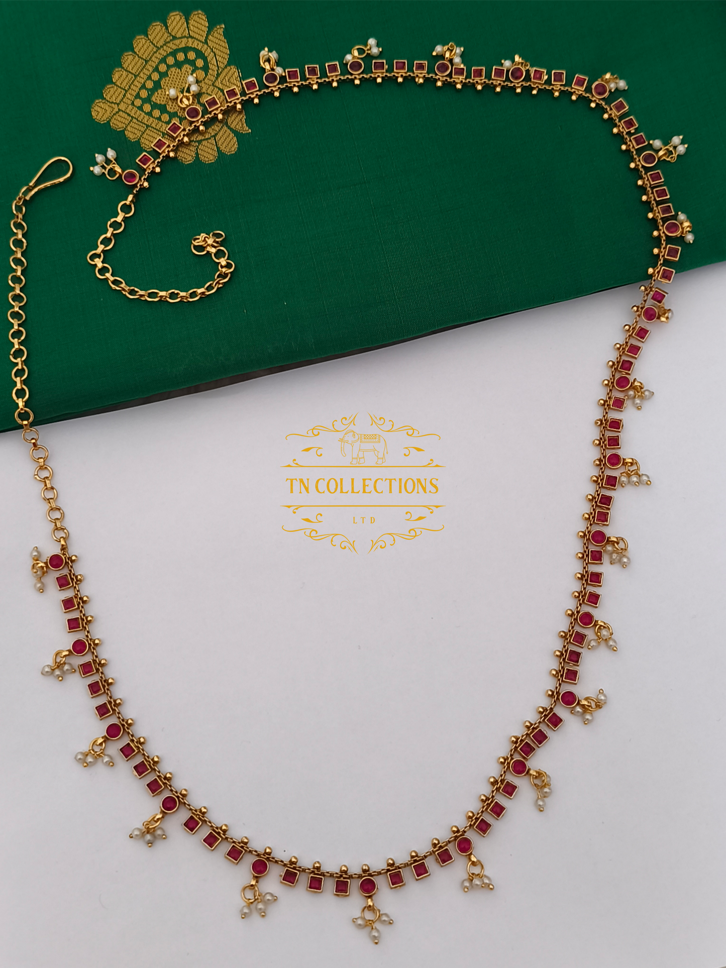Kemp Stone Brass metal Hip Chain (Ruby Coloured Stone )