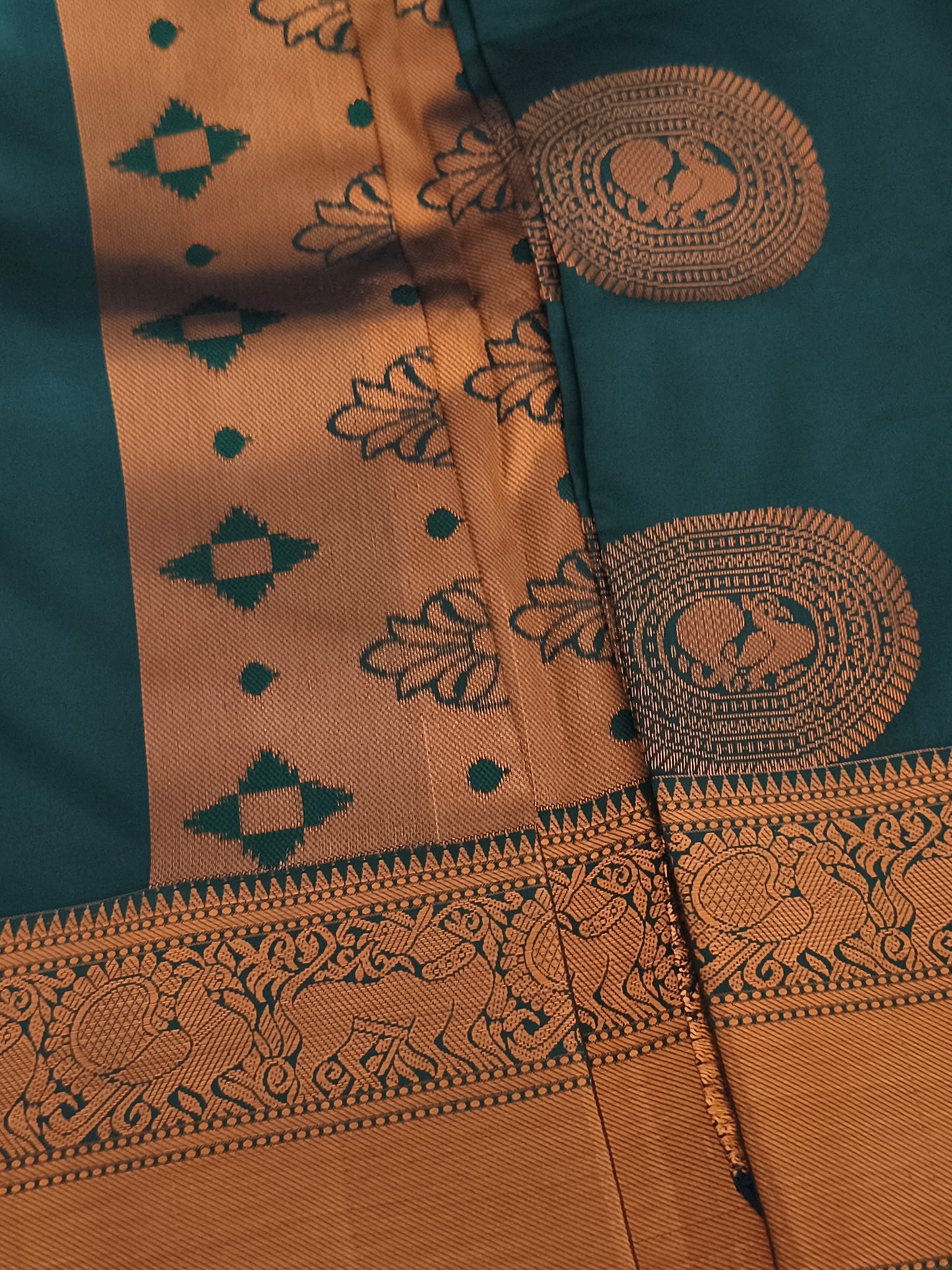 Dark Green Traditional Kanchi embossed Soft Silk saree