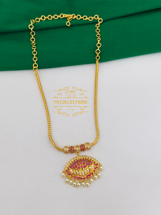 Micro Gold-Plated Traditional Alli Attiyal Short Necklace (Ruby & White)