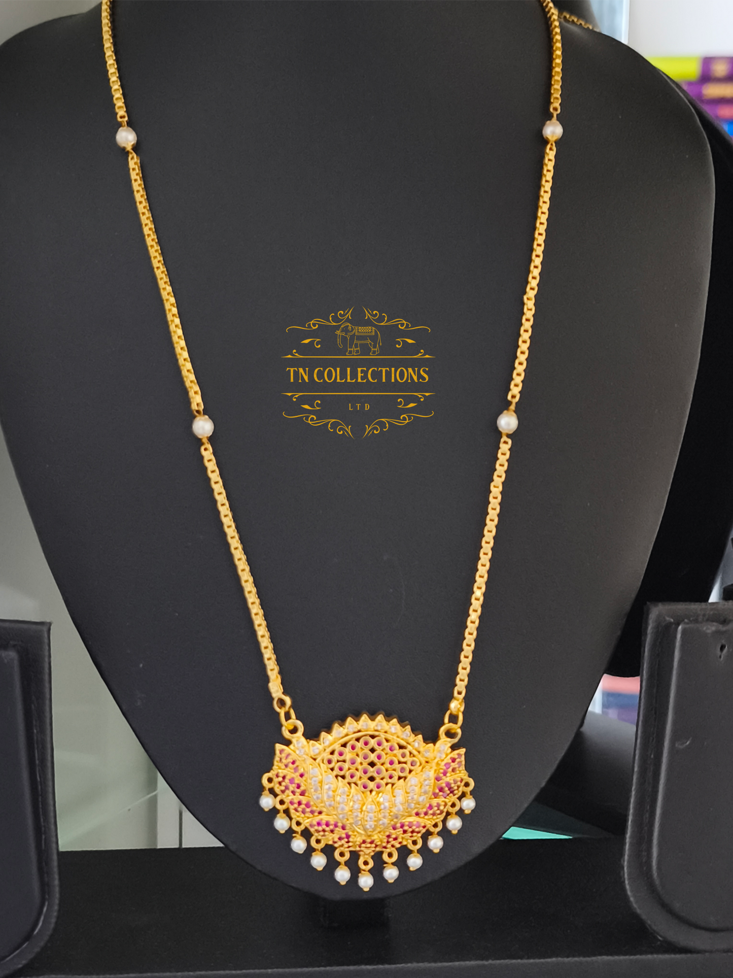 Micro Gold plated Pathakkam with pearl chain (Ruby & White Stones)