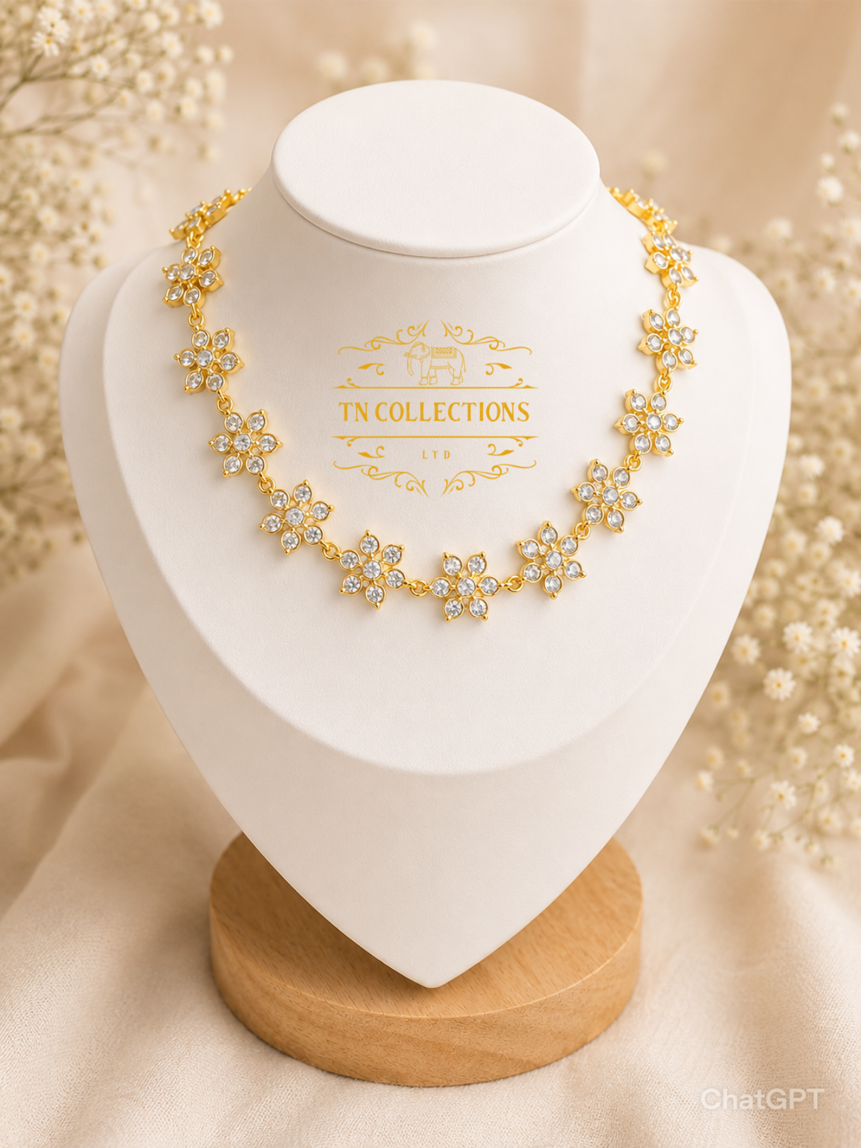 Micro Gold-Plated Floral Choker Necklace (Full White stones)
