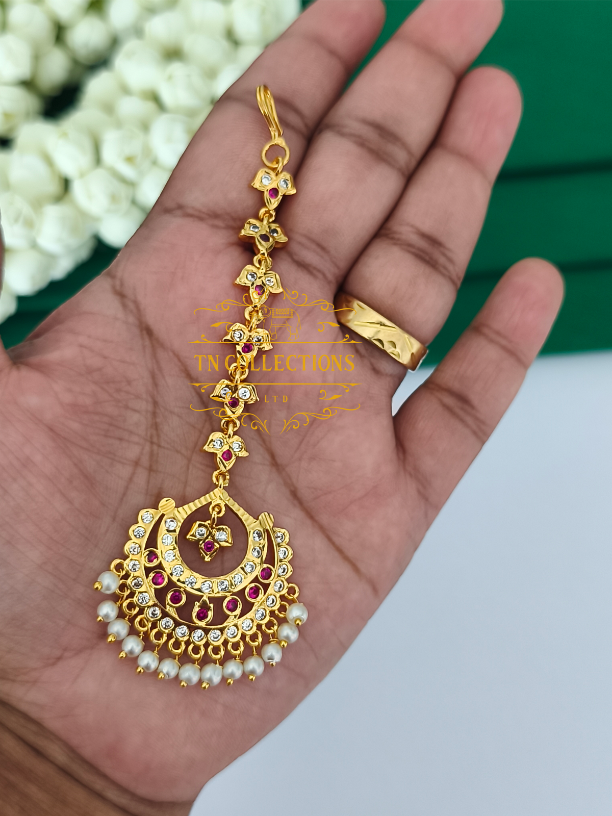 Micro Gold Finish cz stones Tikka (Ruby and white)
