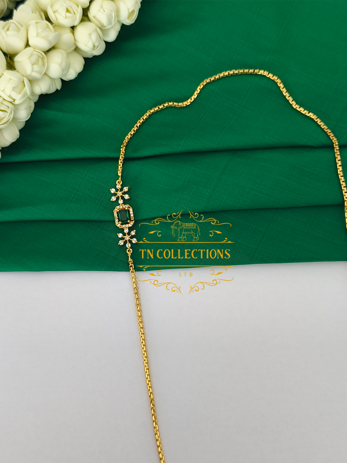 Trendy Unique Gold plated Mugappu Chain ( Emerald Green)