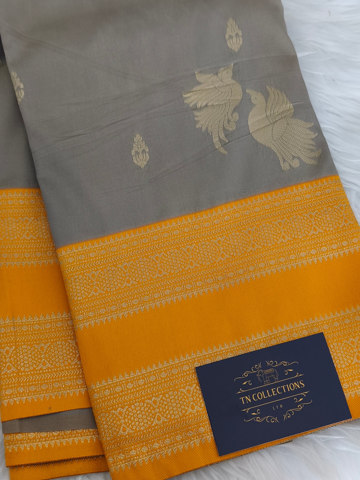 Grey with yellow Kanchi Soft silk saree