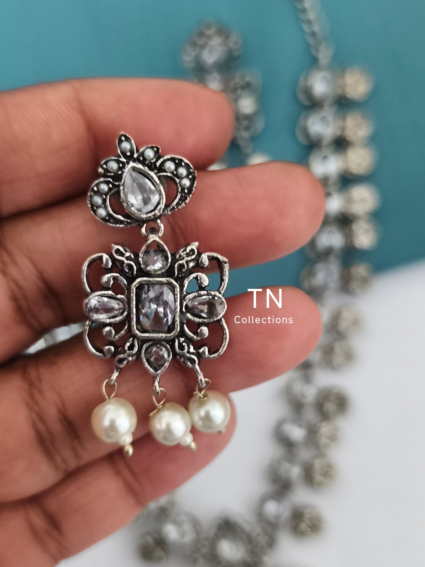 Oxidised Necklace Set- White stone