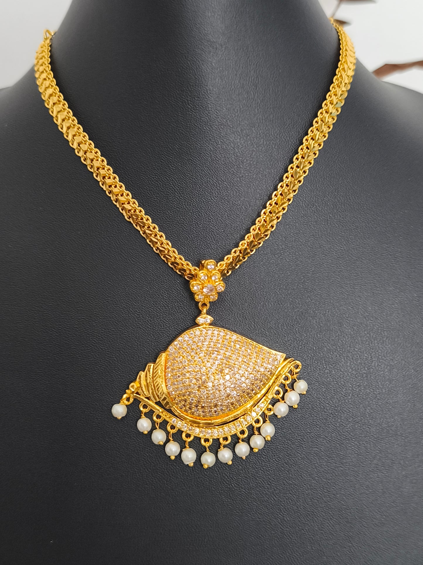 Traditional Micro gold plated Sangu design Attiyal/Attigai (Full White stones)