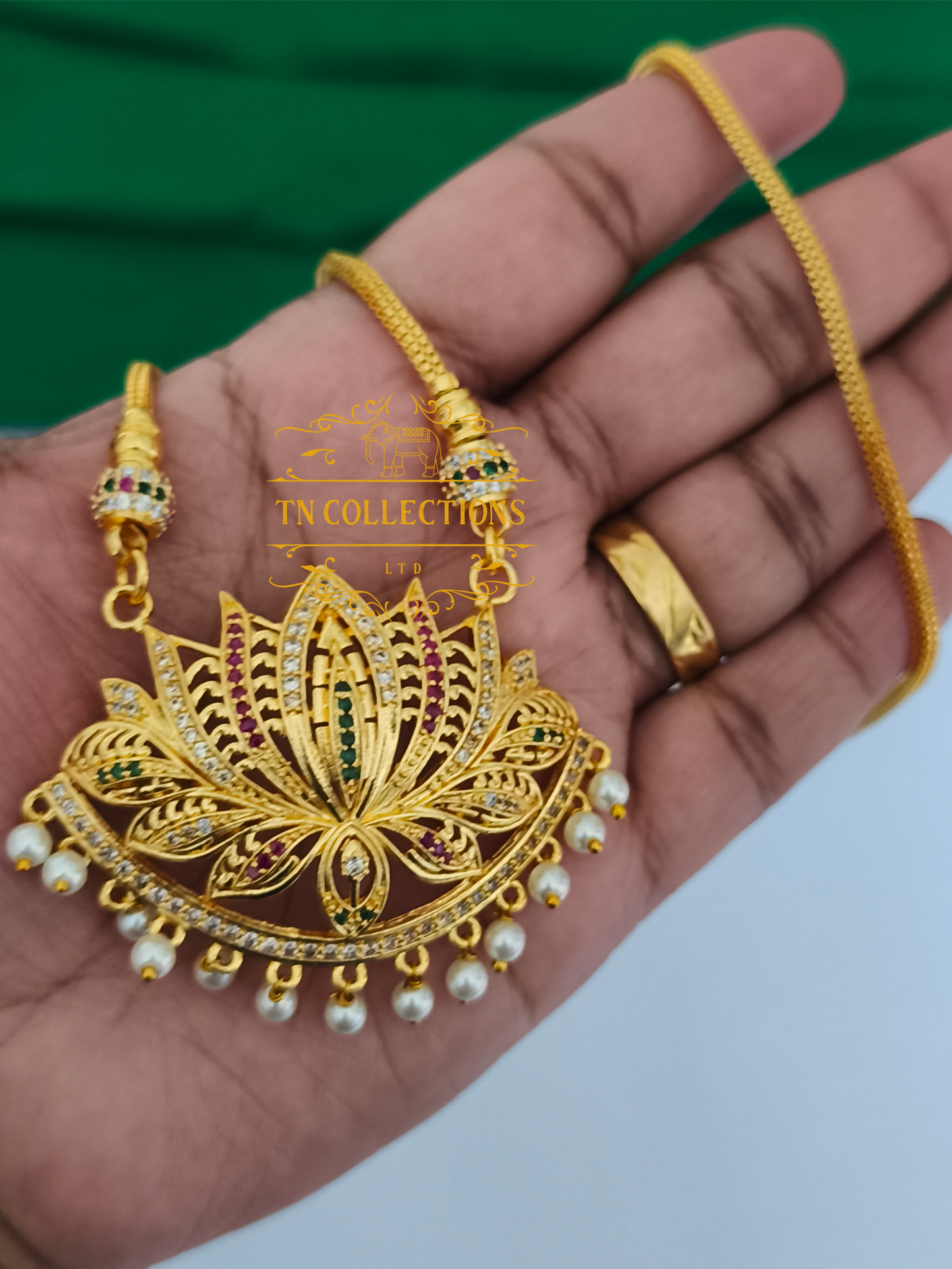 Micro Gold-Plated Lotus Pathakkam with Chain (Multicoloured)