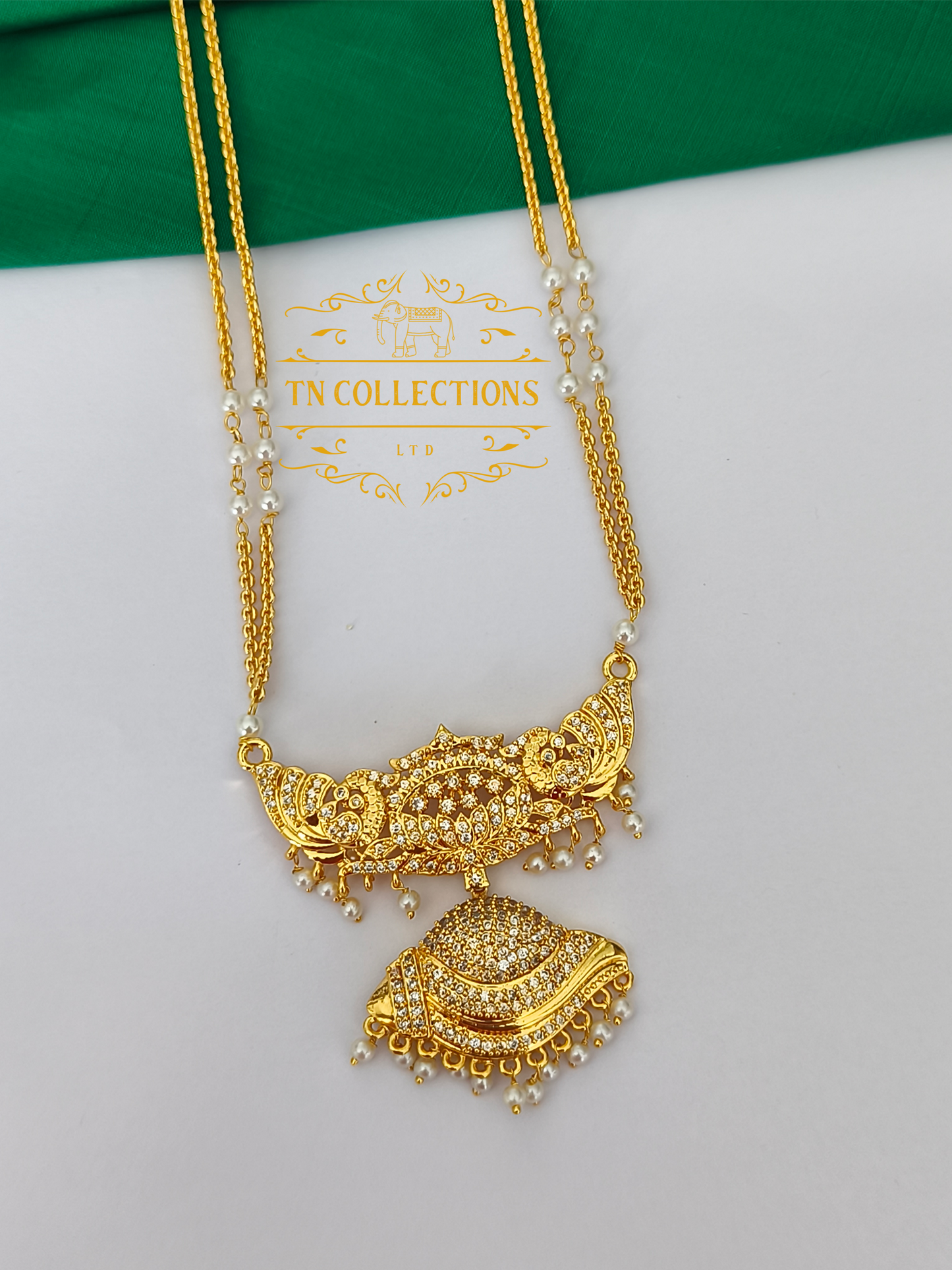 Micro Gold Finish Traditional Pathakkam with Pearl chain (Full White stones)