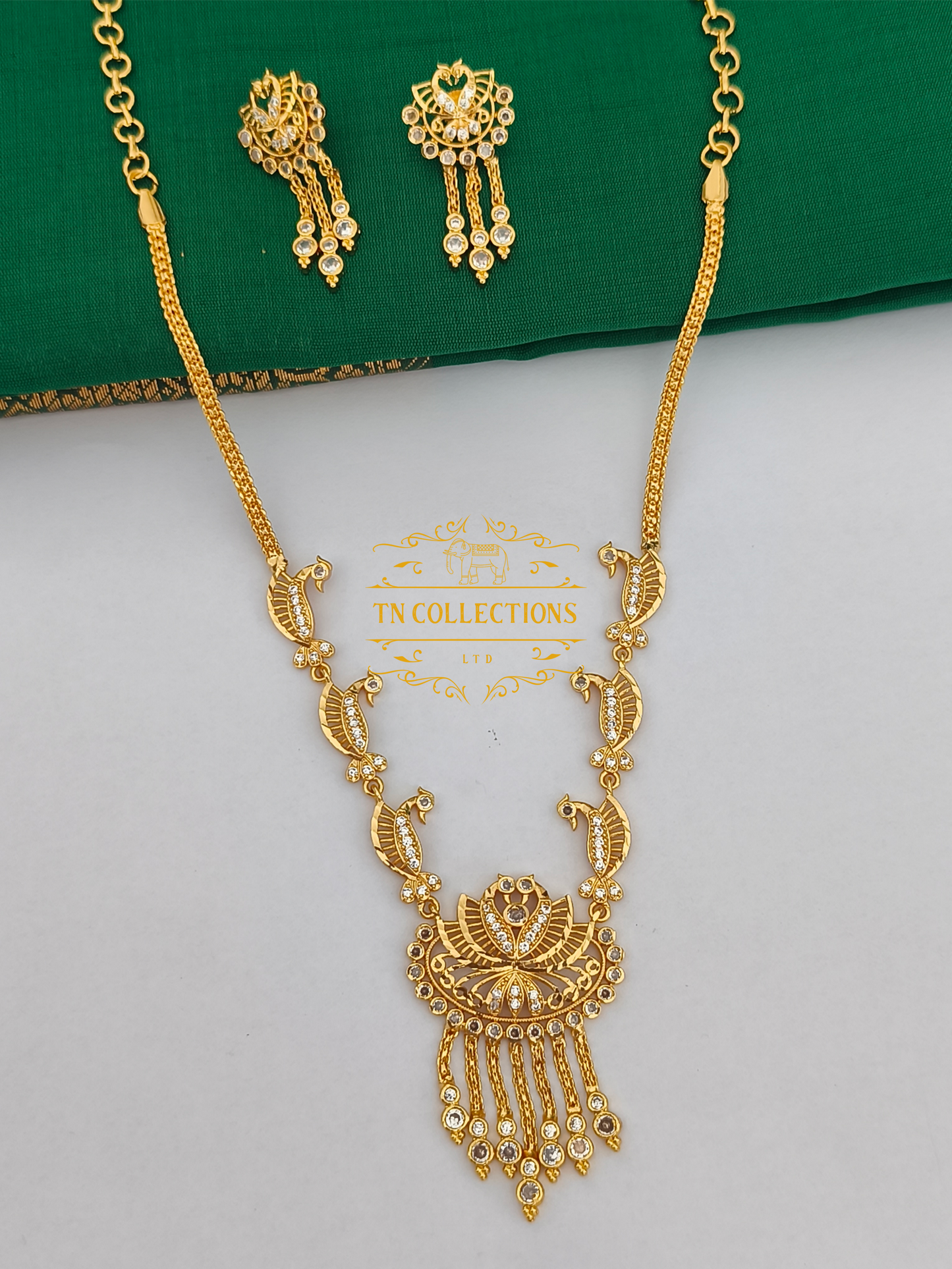 Micro Gold-Plated Traditional Peacock Design Necklace Set (Full White stones)