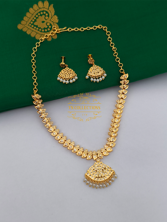 Micro Gold Plated Traditional Attiyal with earrings (Full White stones)
