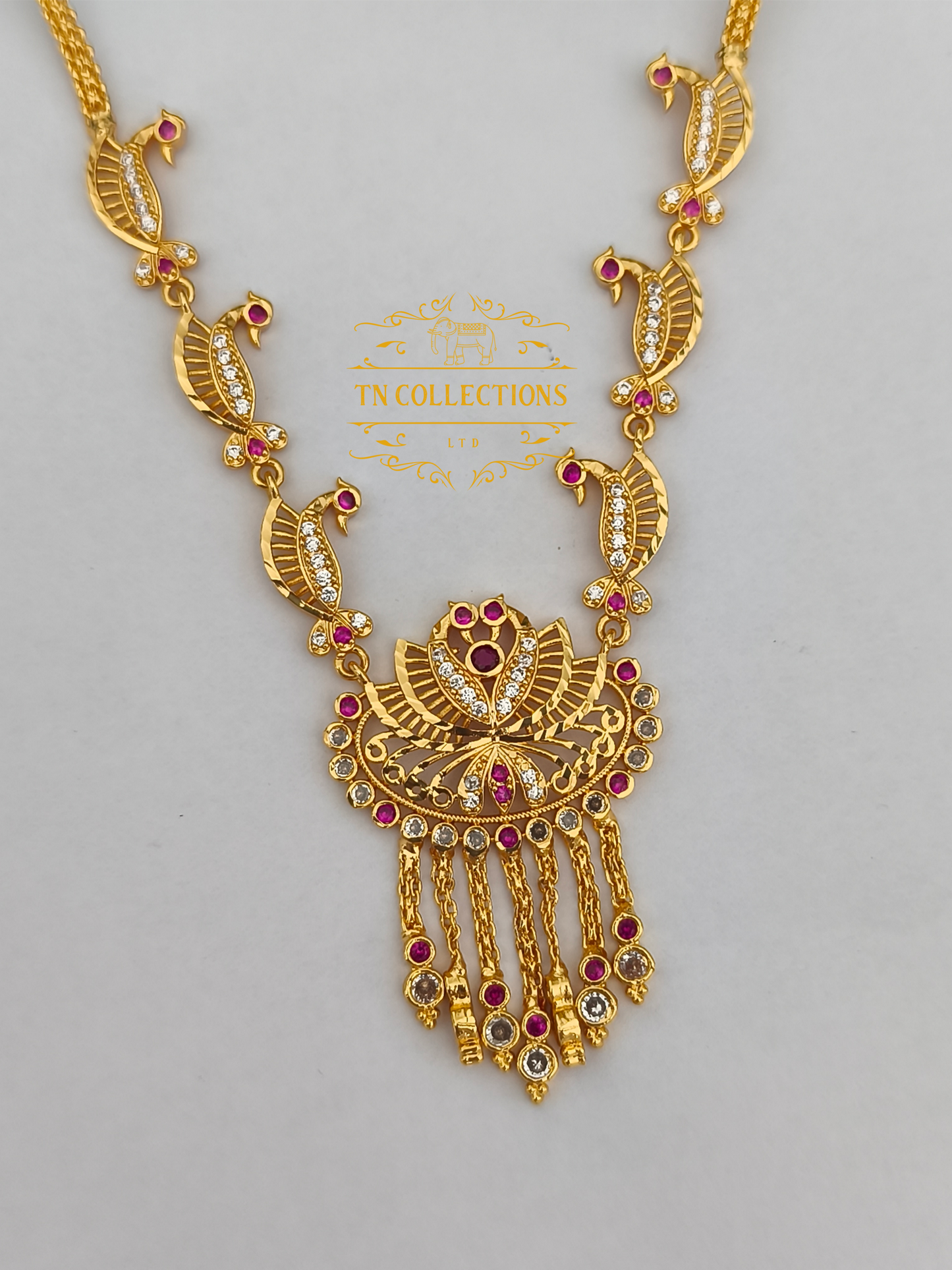 Micro Gold-Plated Traditional Peacock Design Necklace Set (Ruby & White stones)