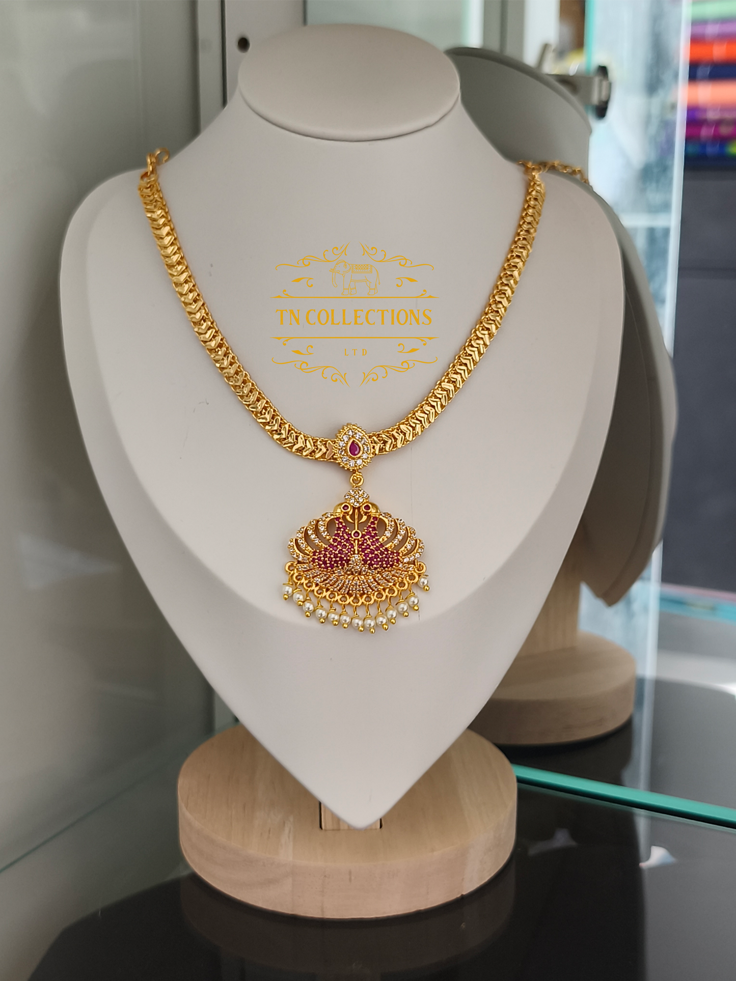 Micro Gold-Plated Peacock Attiyal (Ruby and white stones)