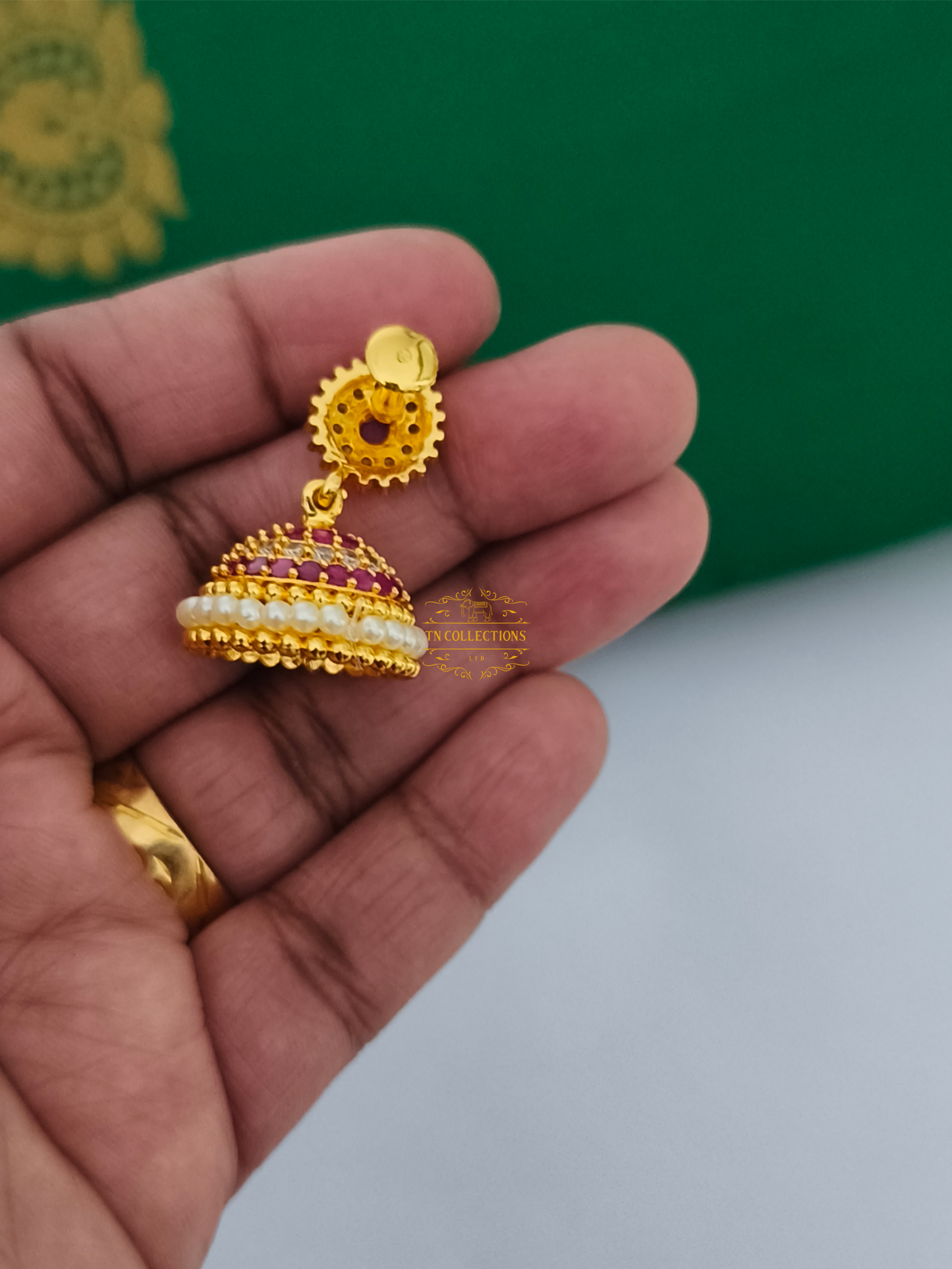 Micro Gold plated Jhumkas (Ruby and white stones)