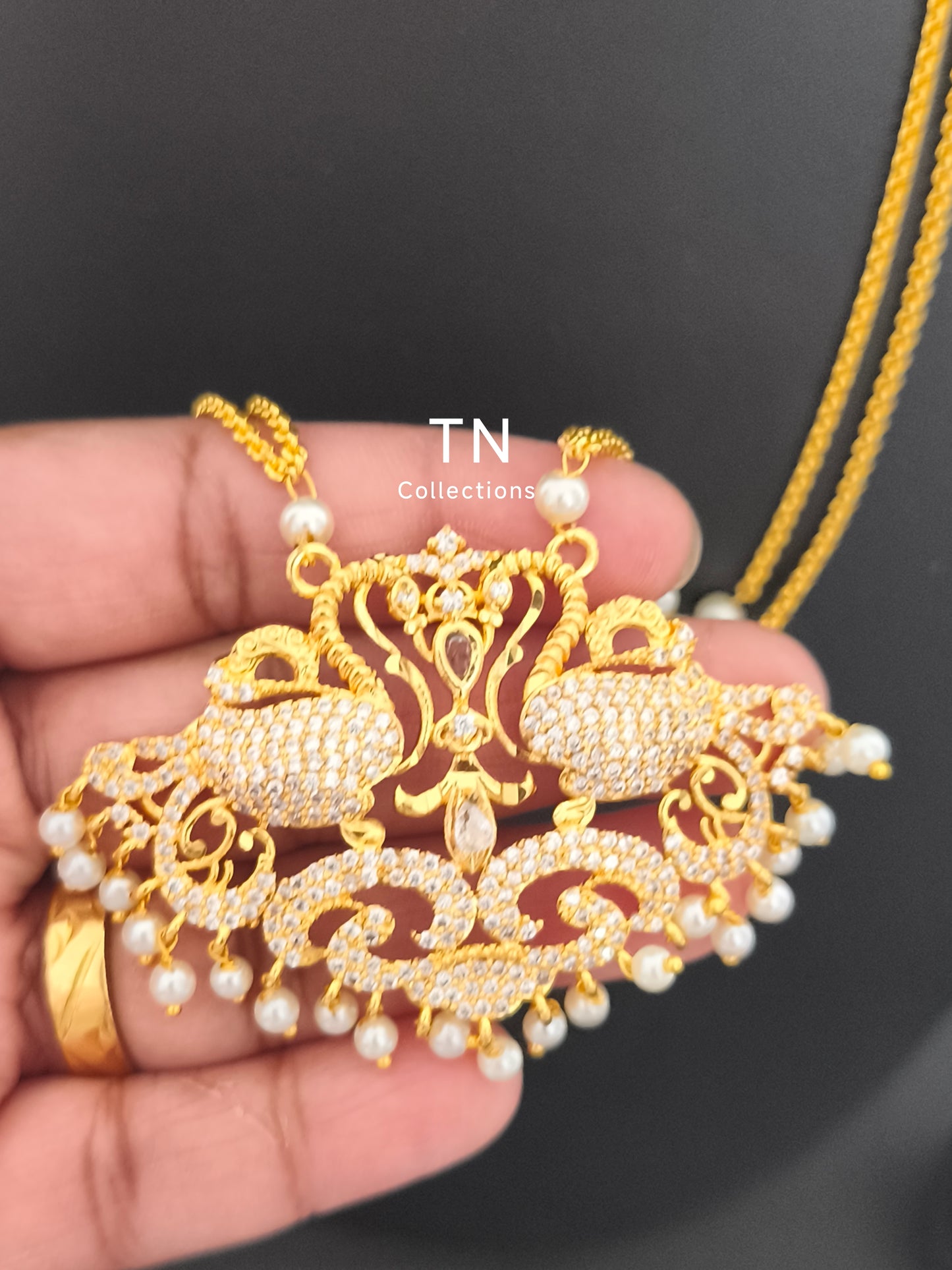 Micro gold plated Traditional Peacock Design Pathakkam with pearl chain